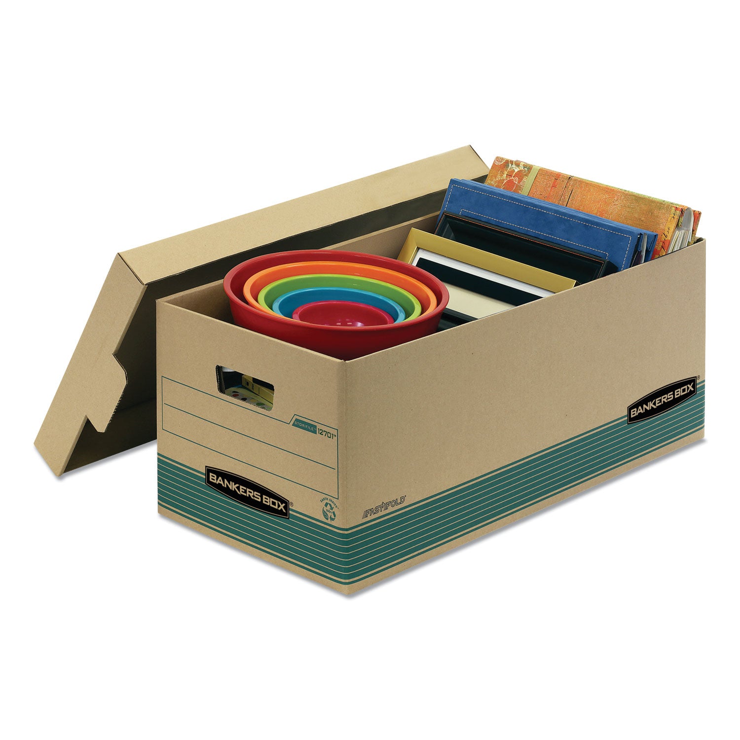 Bankers Box® STOR/FILE Medium-Duty 100% Recycled Storage Boxes, Legal Files, 15.88" x 25.38" x 10.25", Kraft/Green, 12/Carton