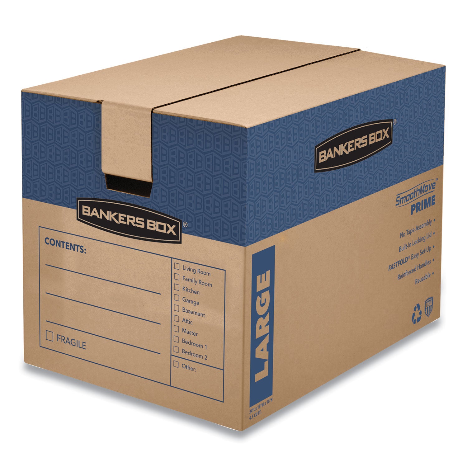 SmoothMove Prime Moving/Storage Boxes, Hinged Lid, Regular Slotted Container (RSC), 18" x 24" x 18", Brown/Blue, 6/Carton