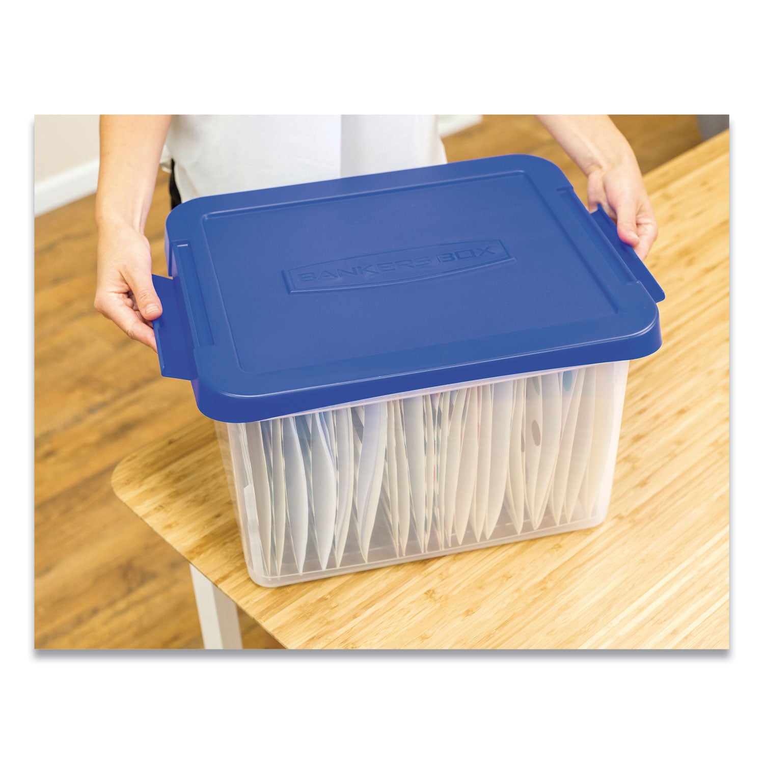 Bankers Box® Heavy Duty Plastic File Storage, Letter/Legal Files, 14" x 17.38" x 10.5", Clear/Blue, 2/Pack