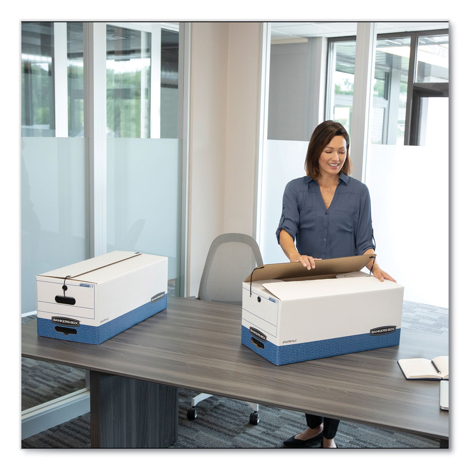 Bankers Box® STOR/FILE Medium-Duty Strength Storage Boxes, Legal Files, 15.25" x 24.13" x 10.75", White/Blue, 12/Carton