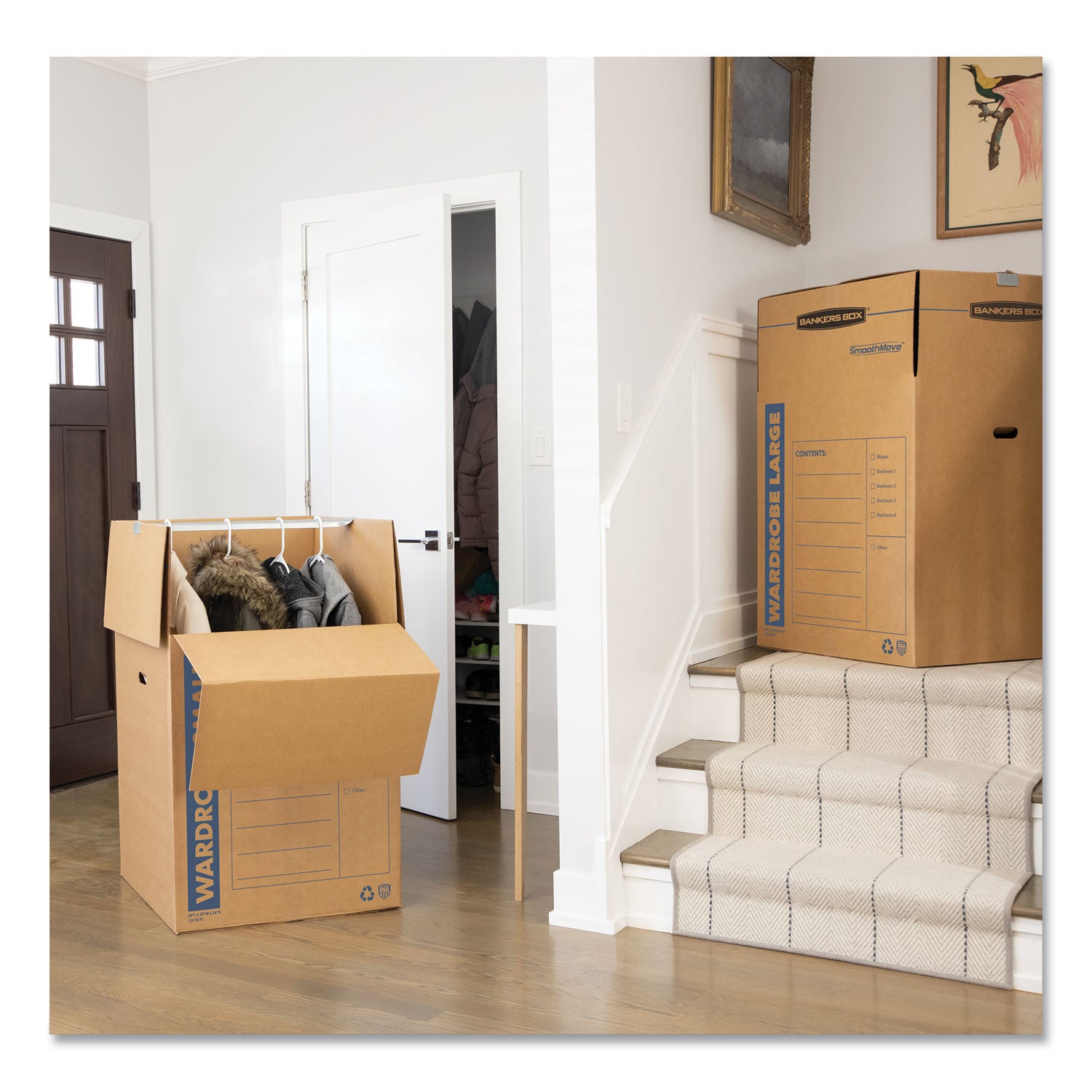 Bankers Box® SmoothMove Wardrobe Box, Regular Slotted Container (RSC), 24" x 24" x 40", Brown/Blue, 3/Carton