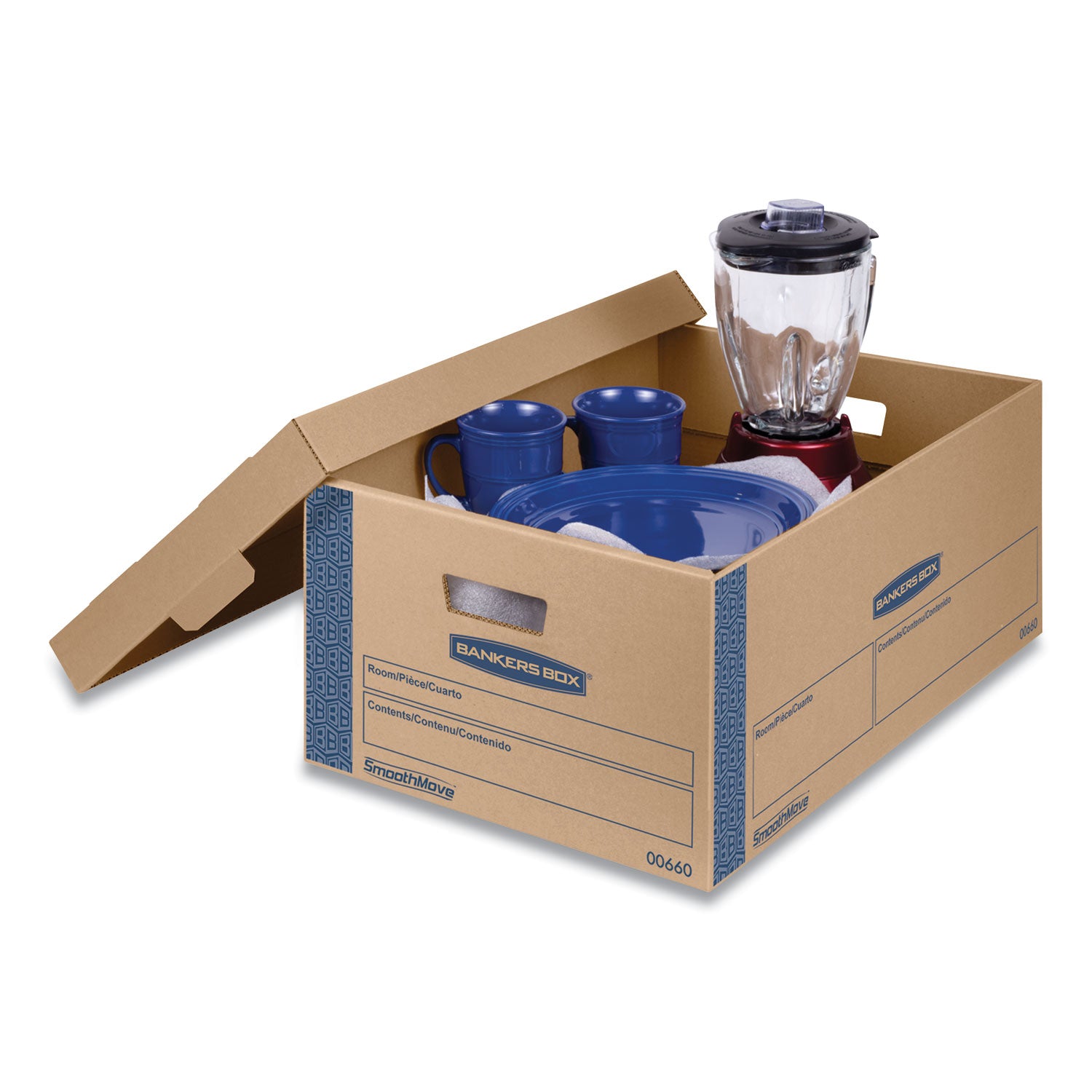 Bankers Box® SmoothMove Prime Moving/Storage Boxes, Lift-Off Lid, Half Slotted Container, Large, 15" x 24" x 10", Brown/Blue, 8/Carton