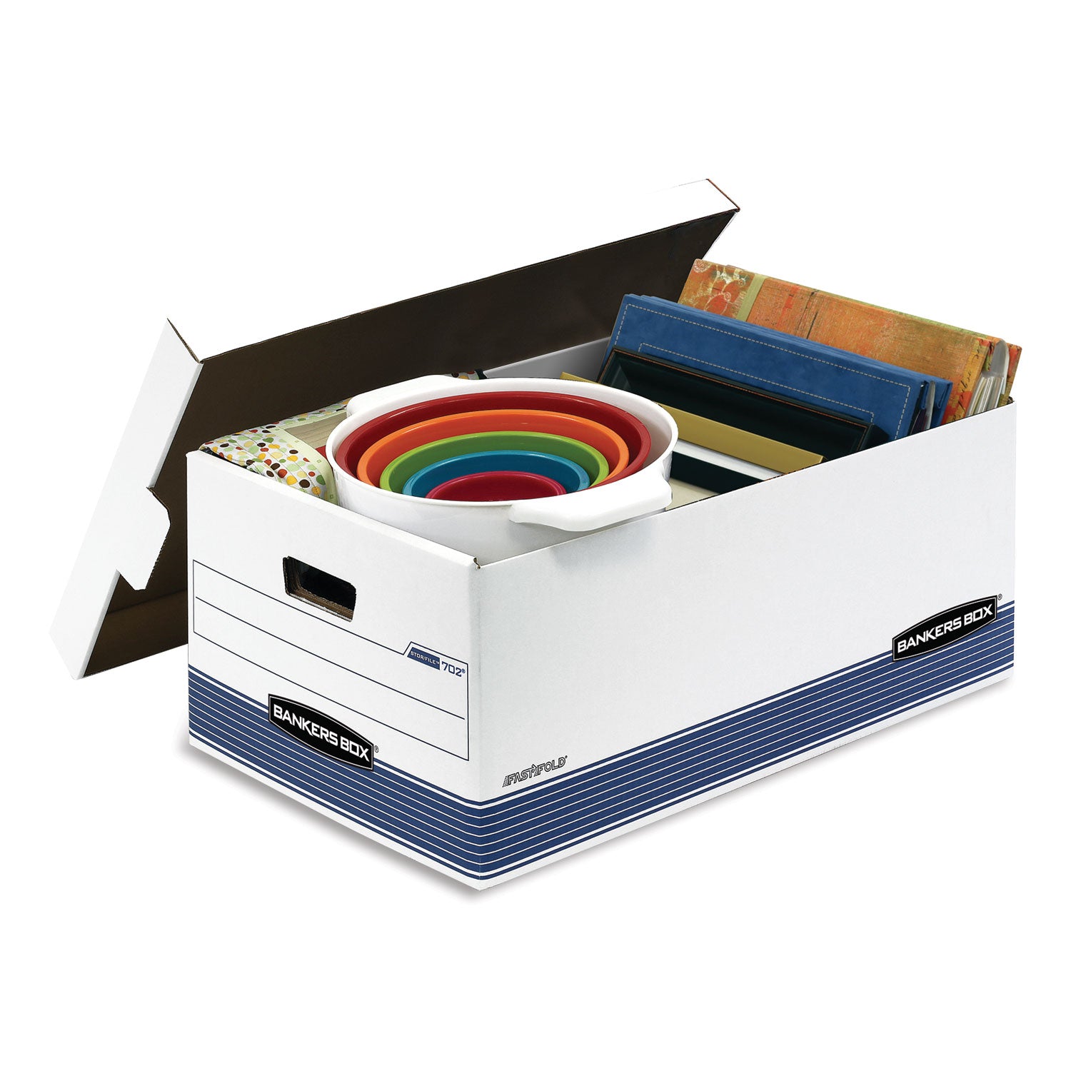 Bankers Box® STOR/FILE Medium-Duty Storage Boxes, Legal Files, 15.88" x 25.38" x 10.25", White/Blue, 4/Carton