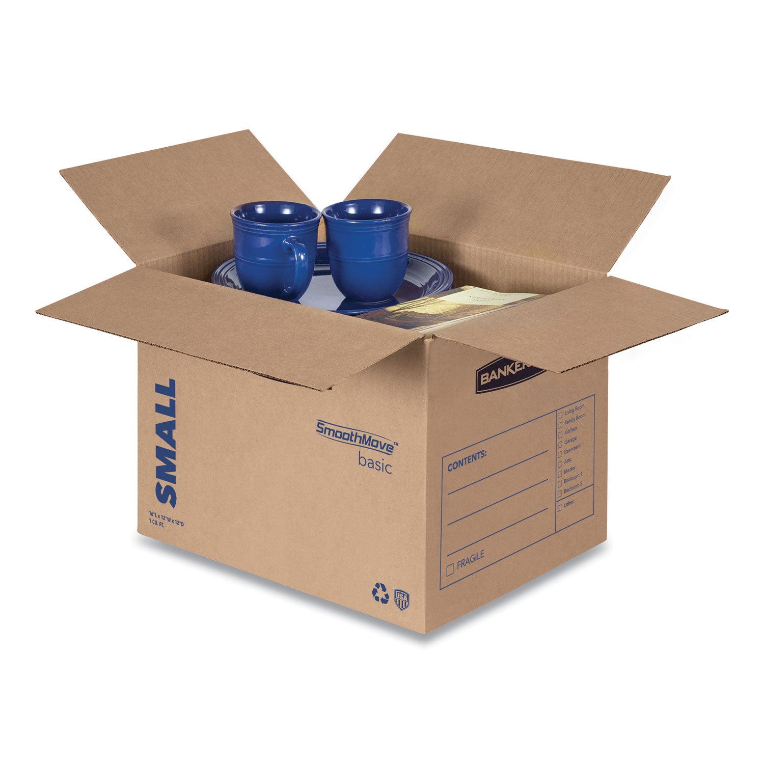 Bankers Box® SmoothMove Basic Moving Boxes, Regular Slotted Container (RSC), Small, 12" x 16" x 12", Brown/Blue, 25/Bundle