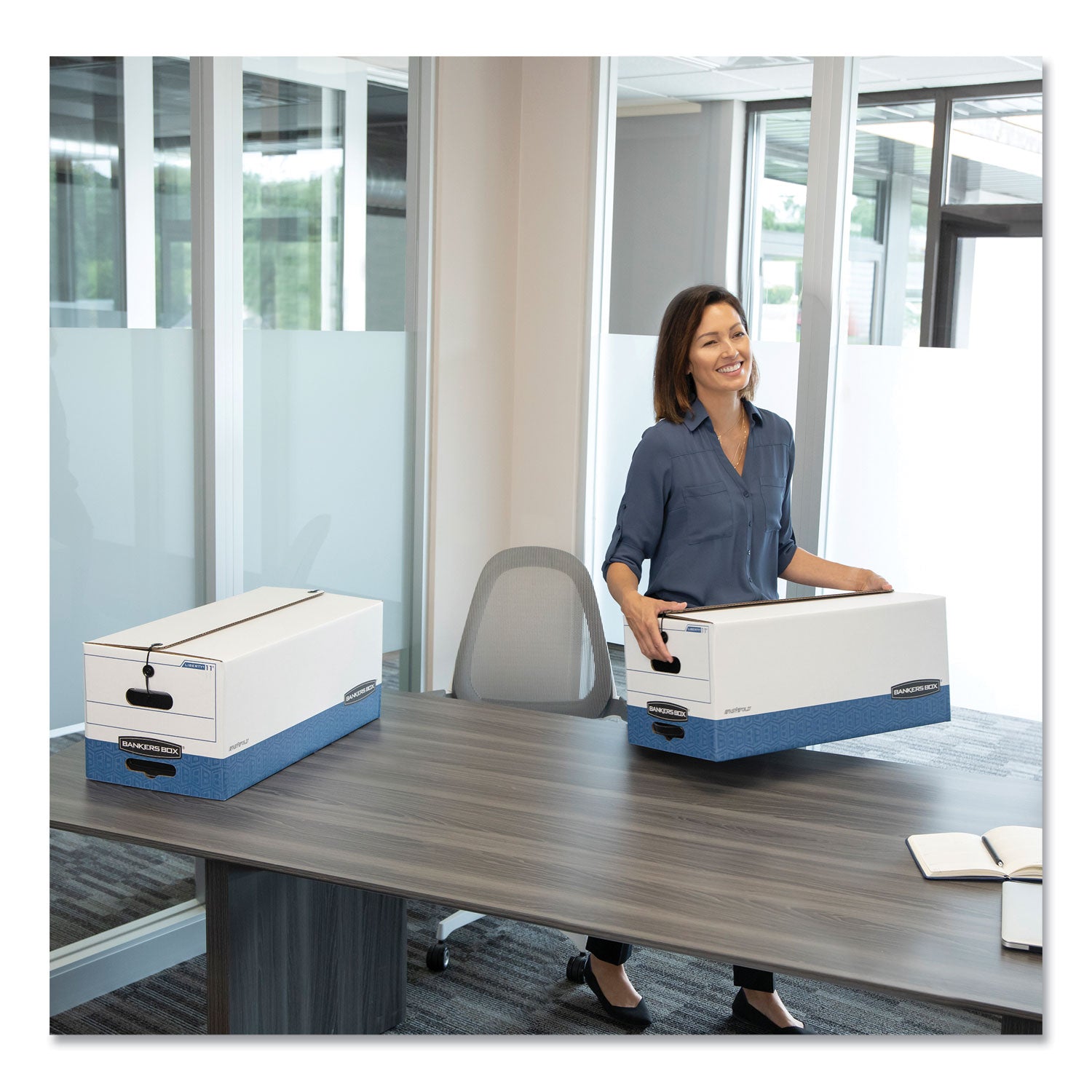 Bankers Box® STOR/FILE Medium-Duty Strength Storage Boxes, Legal Files, 15.25" x 24.13" x 10.75", White/Blue, 12/Carton