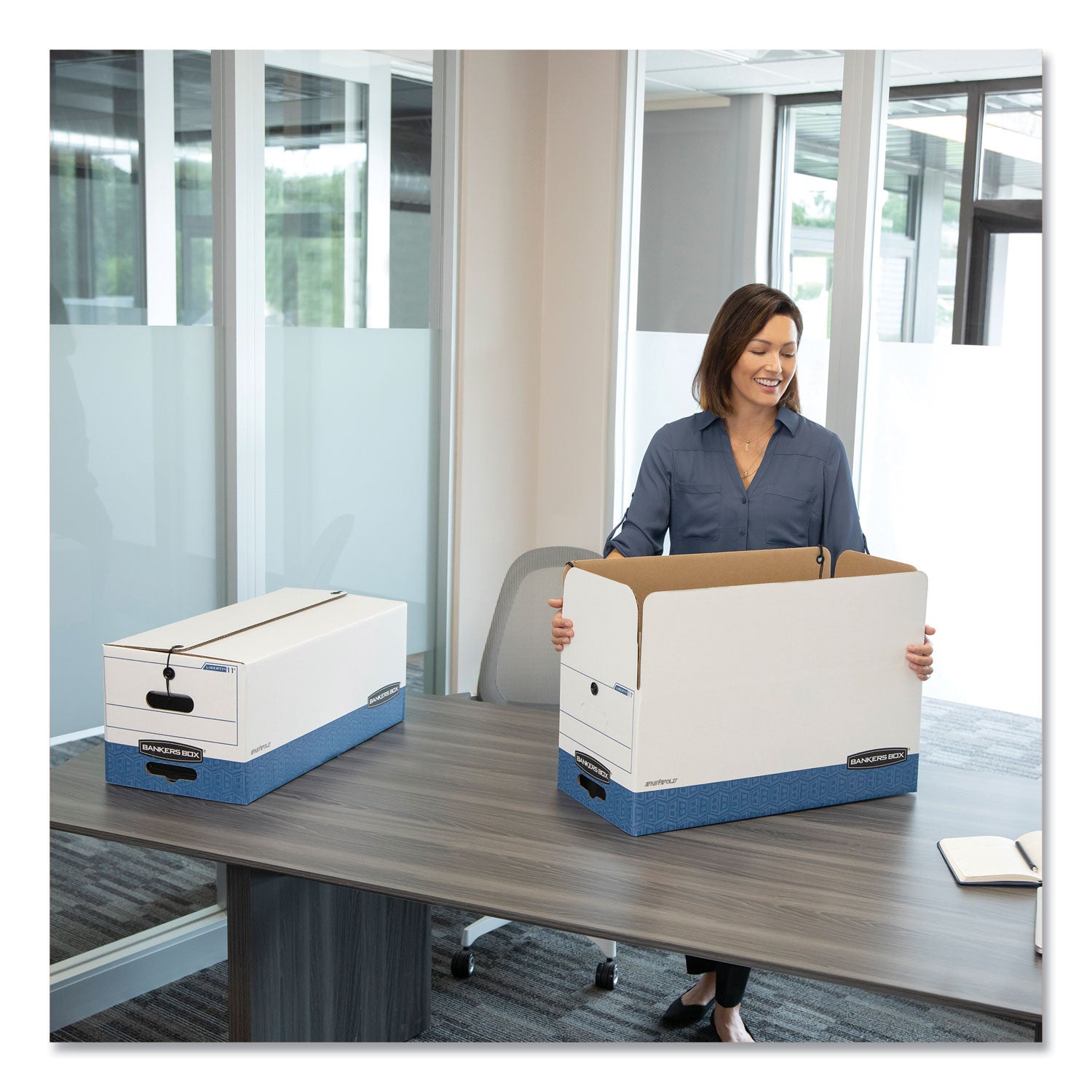 Bankers Box® STOR/FILE Medium-Duty Strength Storage Boxes, Legal Files, 15.25" x 24.13" x 10.75", White/Blue, 12/Carton