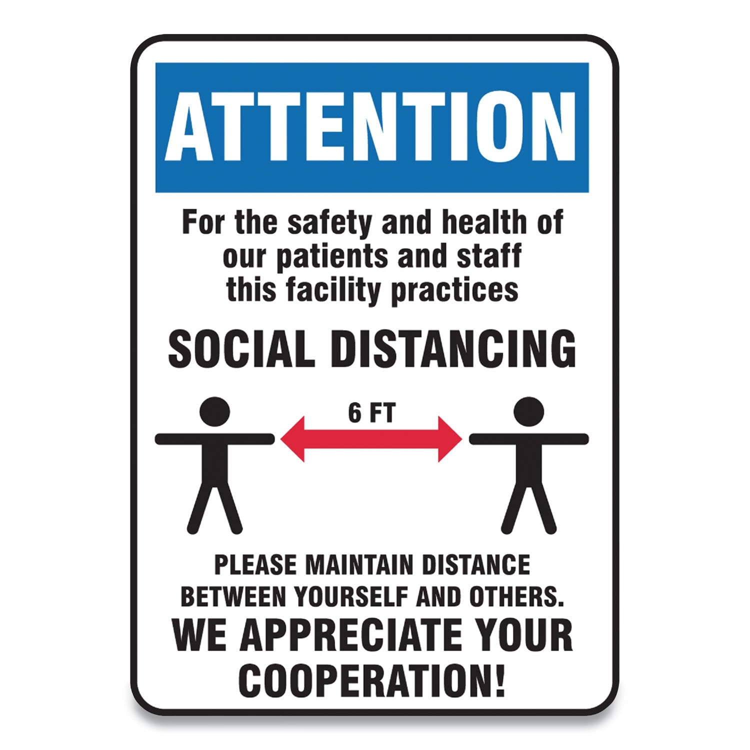 Social Distance Signs, Wall, 7 x 10, Patients and Staff Social Distancing, Humans/Arrows, Blue/White, 10/Pack