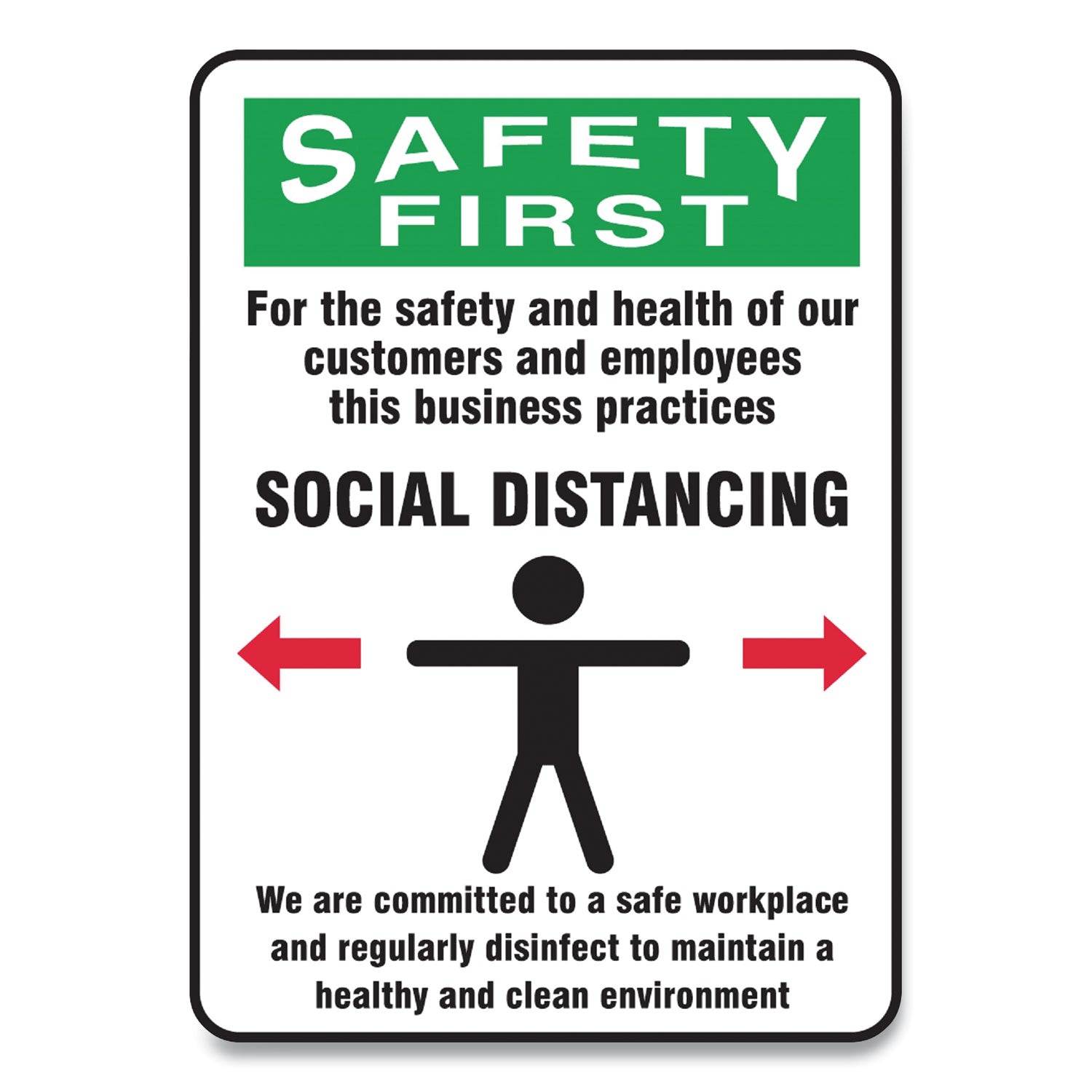 Social Distance Signs, Wall, 7 x 10, Customers and Employees Distancing Clean Environment, Humans/Arrows, Green/White, 10/PK