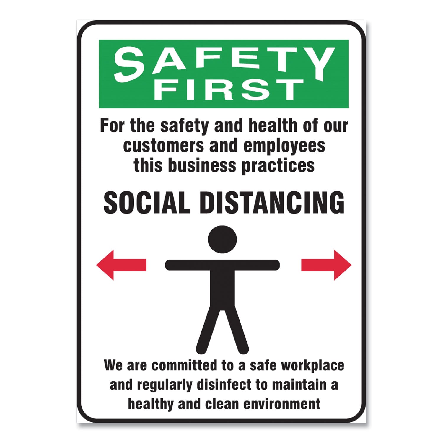 Social Distance Signs, Wall, 10 x 14, Customers and Employees Distancing Clean Environment, Humans/Arrows, Green/White, 10/PK