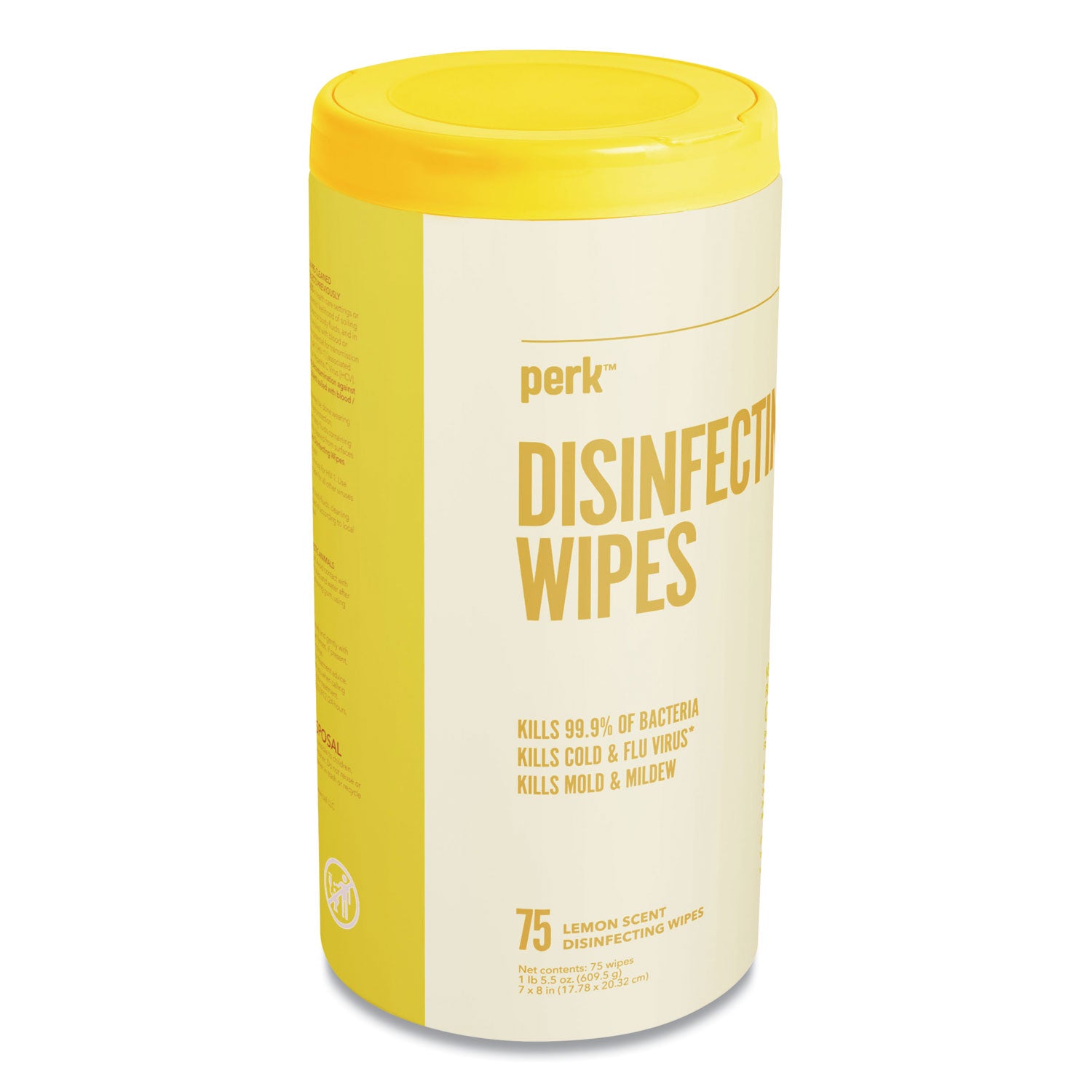 Perk™ Disinfecting Wipes, 7 x 8, Lemon, White, 75 Wipes/Canister