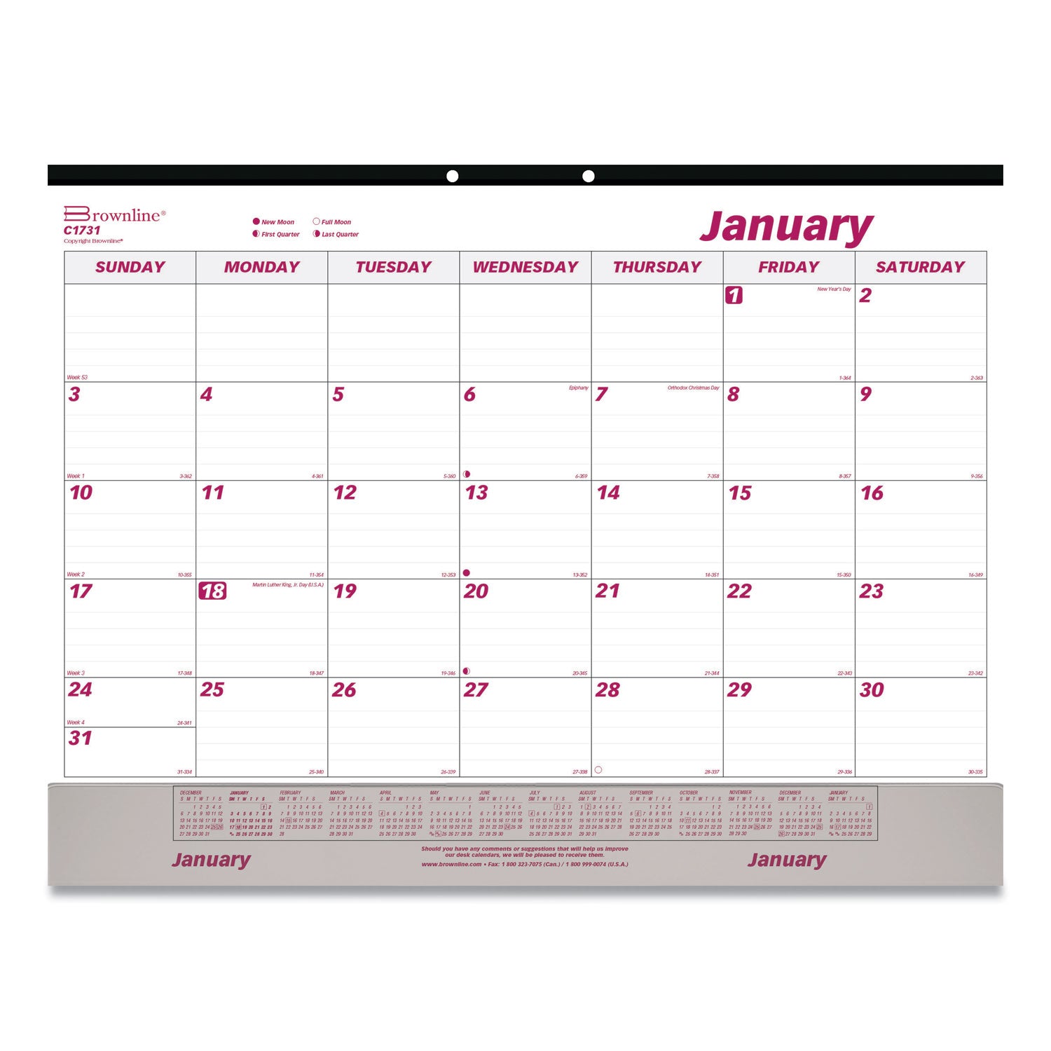 Monthly Desk Pad Calendar, 22 x 17, White/Burgundy Sheets, Black Binding, Clear Corners, 12-Month (Jan to Dec): 2025