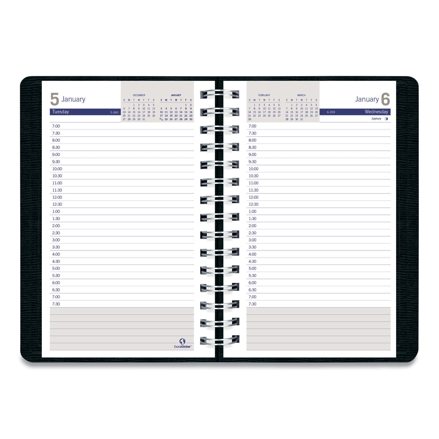 Blueline® DuraGlobe Daily Planner, 30-Minute Appointments, 8 x 5, Black Soft Cover, 12-Month (Jan to Dec): 2025