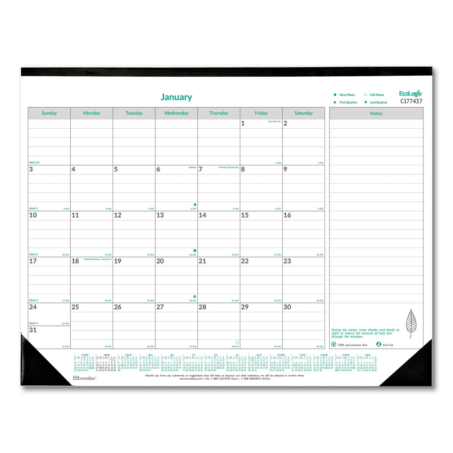 EcoLogix Monthly Desk Pad Calendar, 22 x 17, White/Green Sheets, Black Binding/Corners, 12-Month (Jan to Dec): 2025