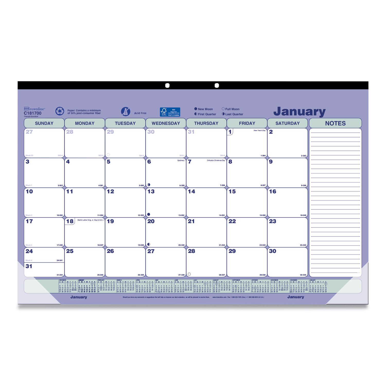 Monthly Desk Pad Calendar, 17.75 x 10.88, White/Blue/Green Sheets, Black Binding, Clear Corners, 12-Month (Jan to Dec): 2025