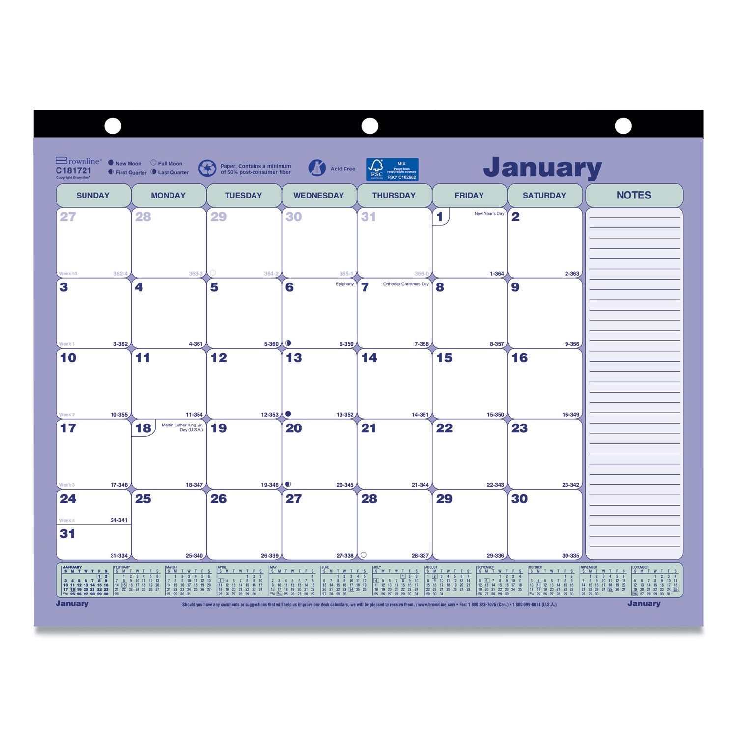 Monthly Desk Pad Calendar, 3-Hole Punched, 11 x 8.5, White/Blue/Green Sheets, Black Binding, 12-Month (Jan to Dec): 2025