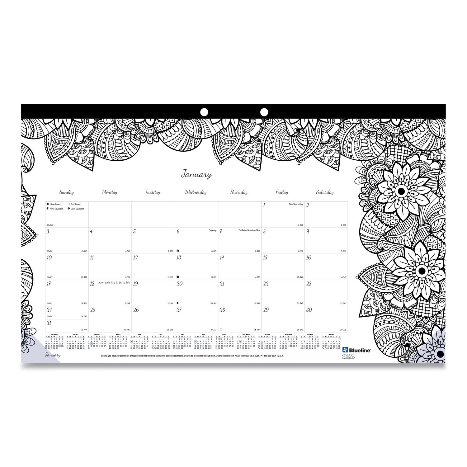 Monthly Desk Pad Calendar, DoodlePlan Coloring Pages, 17.75 x 10.88, Black Binding, Clear Corners, 12-Month (Jan-Dec): 2025