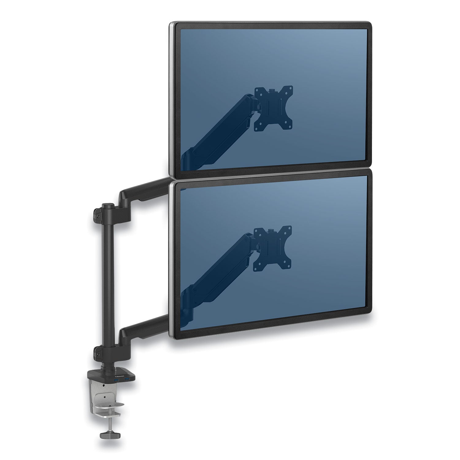 Fellowes® Platinum Series Dual Stacking Arm for 27" Monitors, 360 deg Rotation, 180 deg Tilt, 360 deg Pan, Black, Supports 22 lb