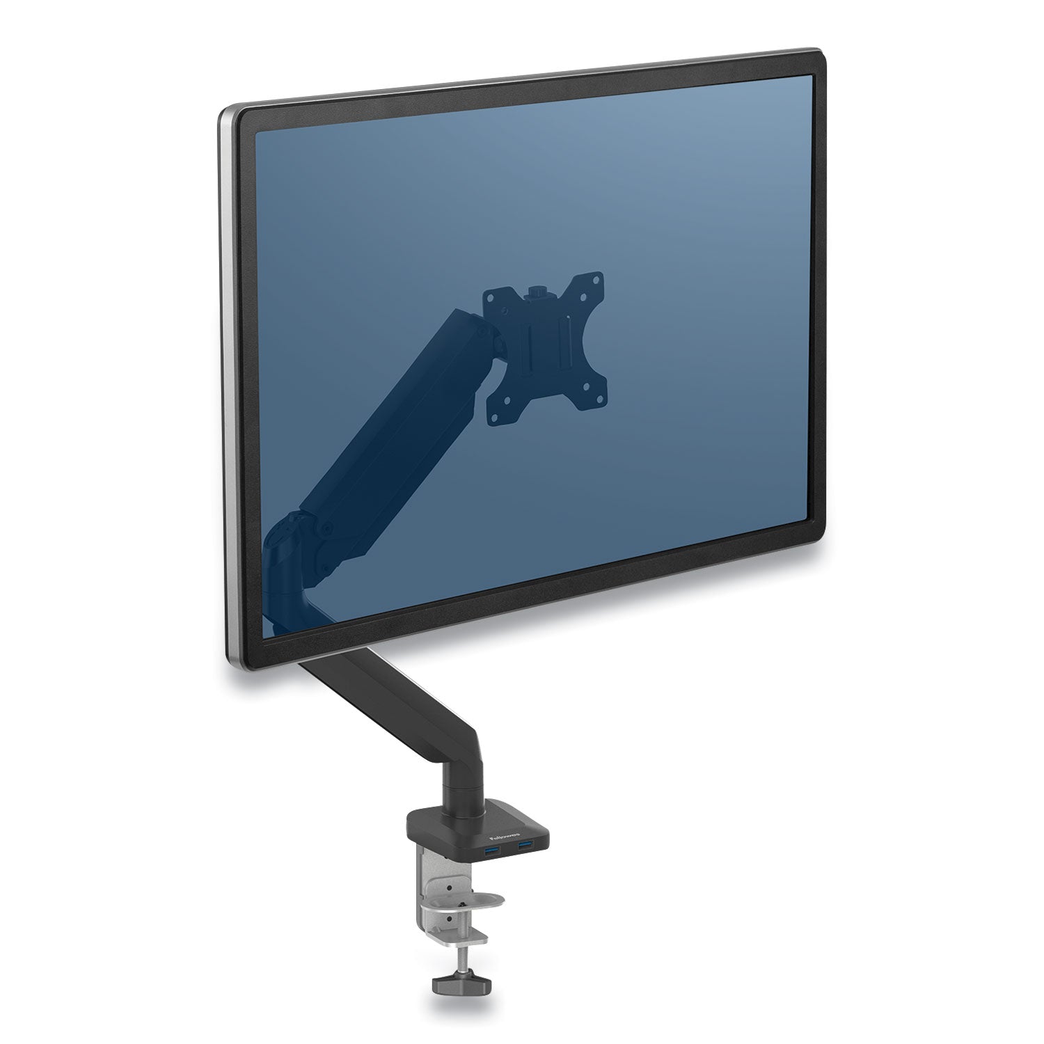 Fellowes® Platinum Series Single Monitor Arm, For 30" Monitors, 360 deg Rotation, 180 deg Tilt, 360 deg Pan, Black, Supports 20 lb