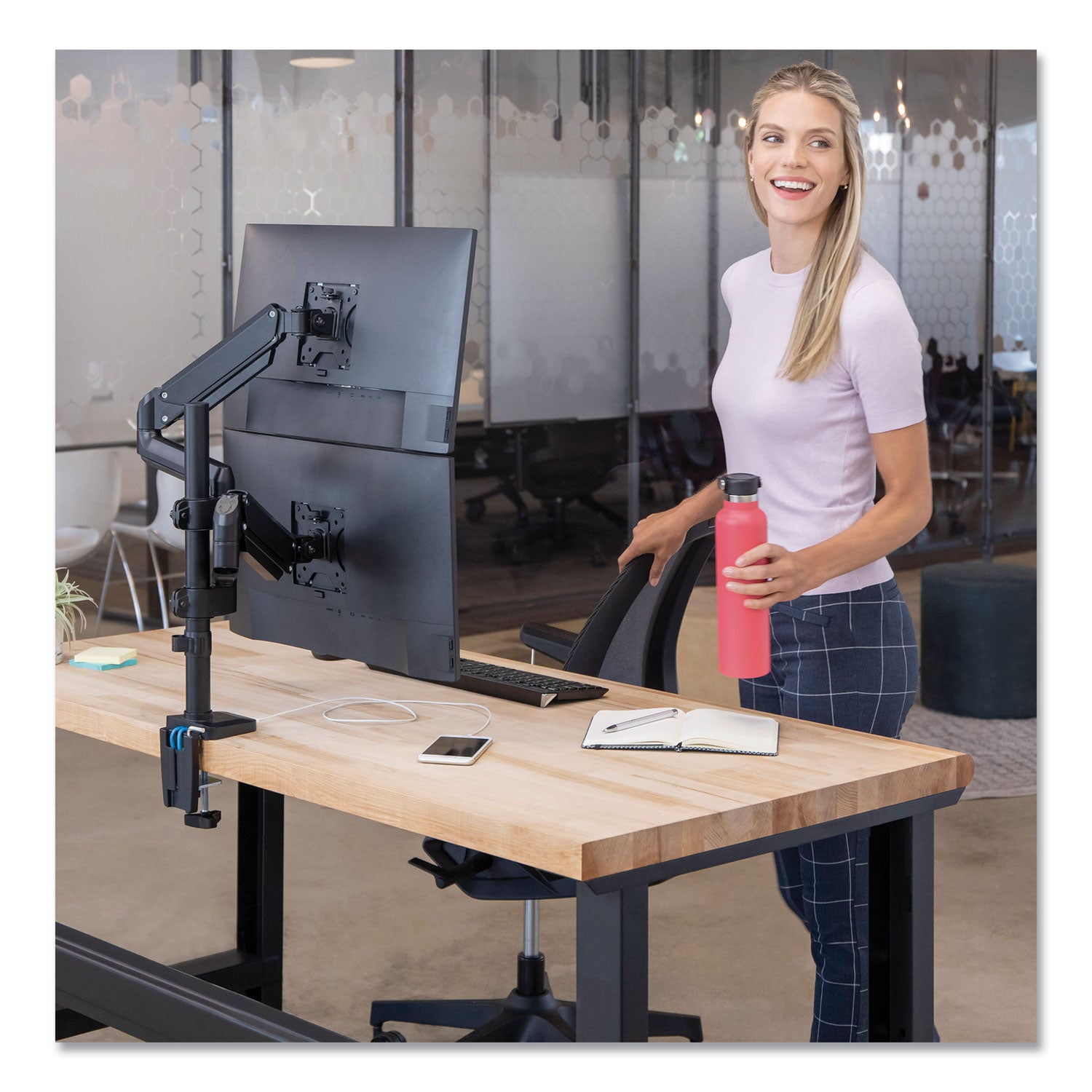 Fellowes® Platinum Series Dual Stacking Arm for 27" Monitors, 360 deg Rotation, 180 deg Tilt, 360 deg Pan, Black, Supports 22 lb