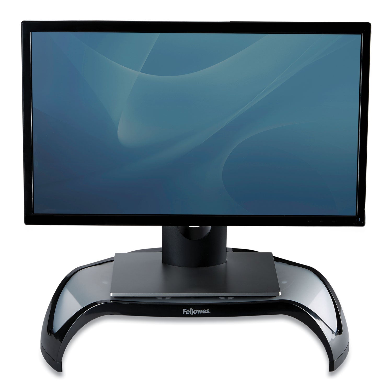 Fellowes® Smart Suites Corner Monitor Riser, For 21" Monitors, 18.5" x 12.5" x 3.88" to 5.13", Black/Clear Frost, Supports 40 lbs