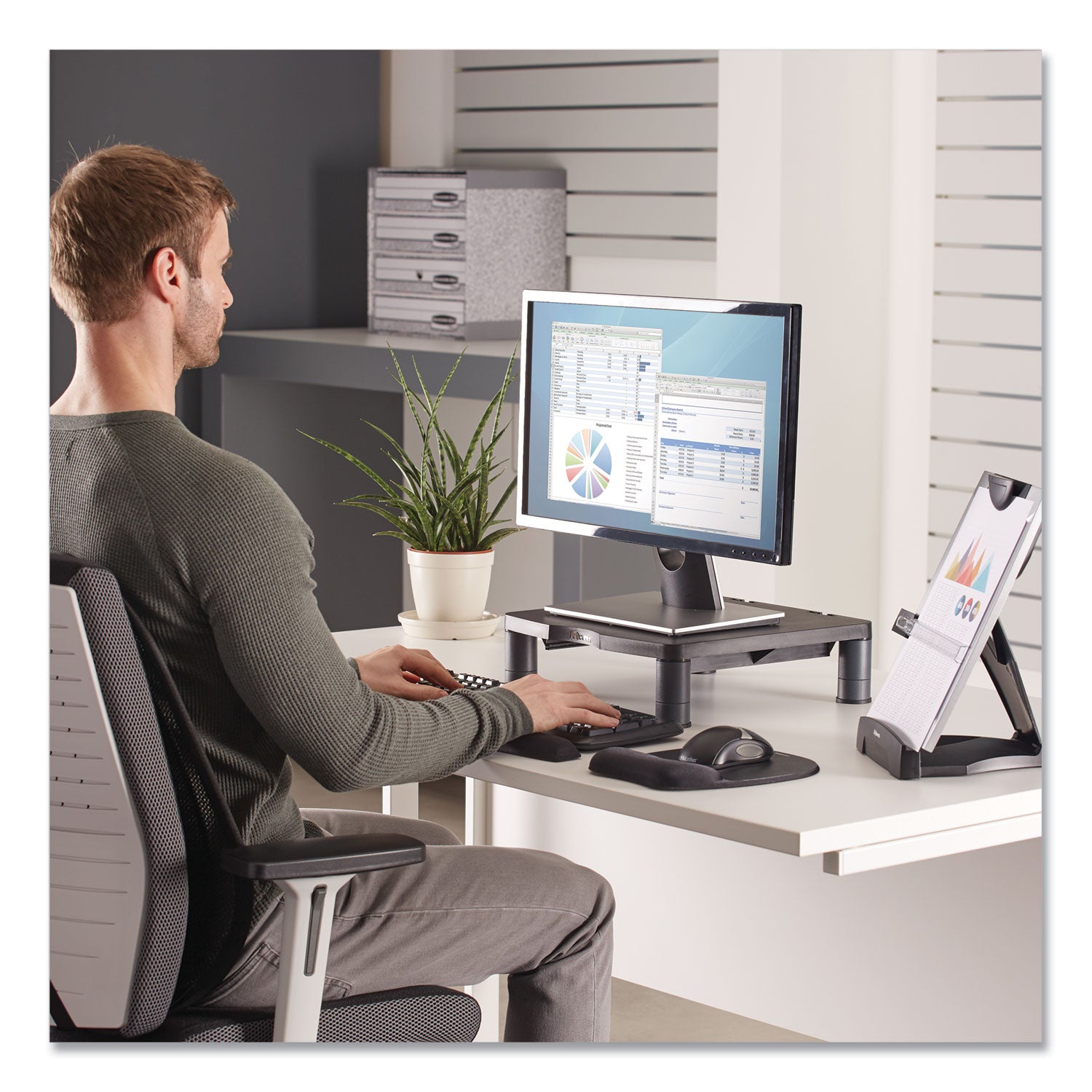 Fellowes® Standard Monitor Riser, 13.38" x 13.63" x 2" to 4", Graphite, Supports 60 lbs