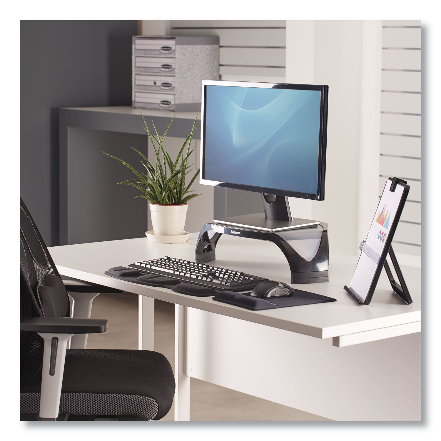 Fellowes® Smart Suites Corner Monitor Riser, For 21" Monitors, 18.5" x 12.5" x 3.88" to 5.13", Black/Clear Frost, Supports 40 lbs