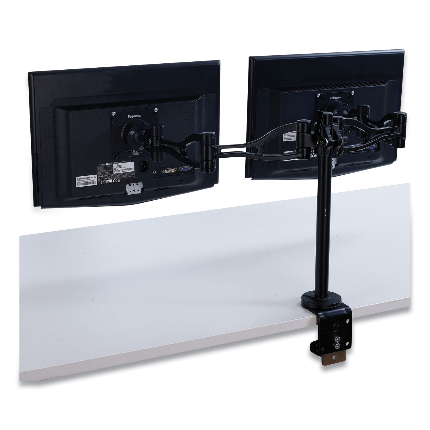 Fellowes® Professional Series Depth Adjustable Dual Monitor Arm, 360 deg Rotation, 37 deg Tilt, 360 deg Pan, Black, Supports 24 lb