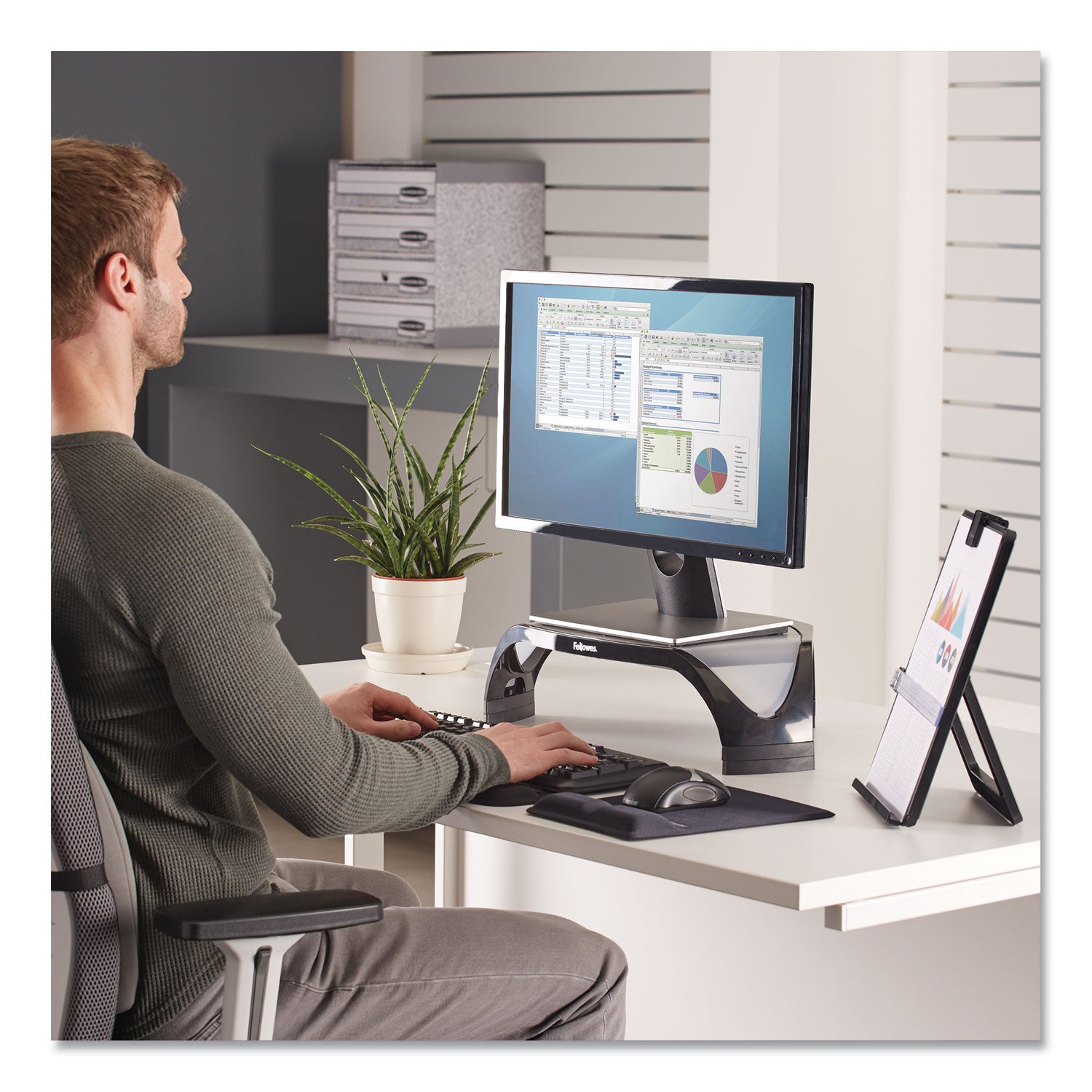 Fellowes® Smart Suites Corner Monitor Riser, For 21" Monitors, 18.5" x 12.5" x 3.88" to 5.13", Black/Clear Frost, Supports 40 lbs