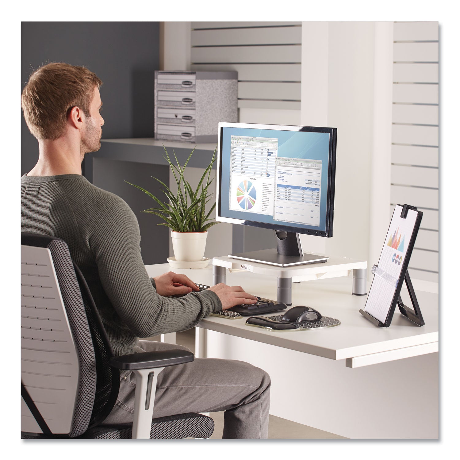 Fellowes® Standard Monitor Riser, For 21" Monitors, 13.38" x 13.63" x 2" to 4", Platinum/Graphite, Supports 60 lbs