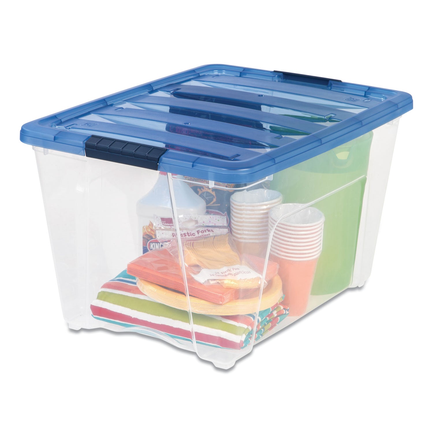 Stack and Pull Latching Flat Lid Storage Box, 13.5 gal, 22" x 16.5" x 13.03", Clear/Translucent Blue IRIS Flipcost