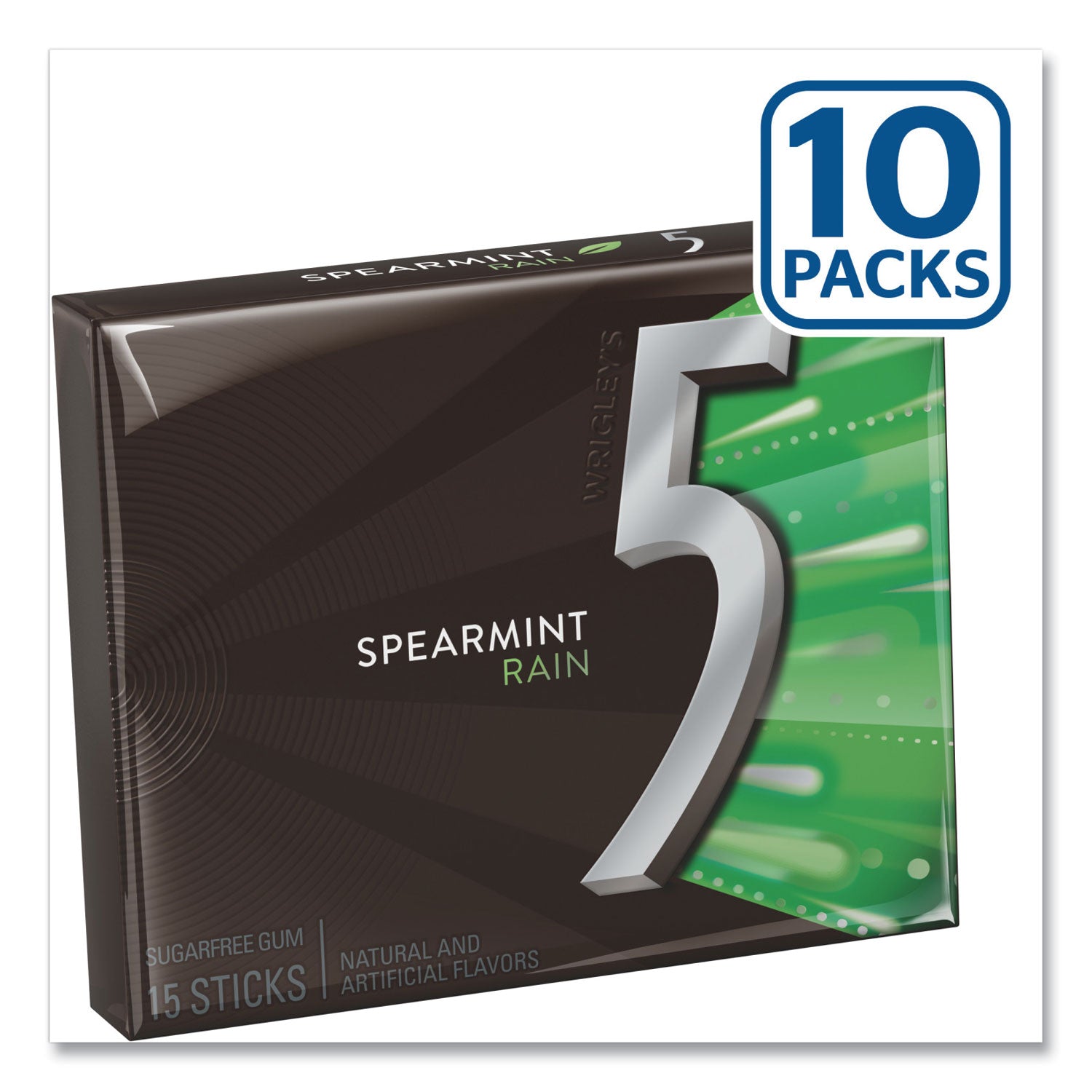 Wrigley's® 5 Gum, Spearmint Rain, 15 Sticks/Pack, 10 Packs/Box