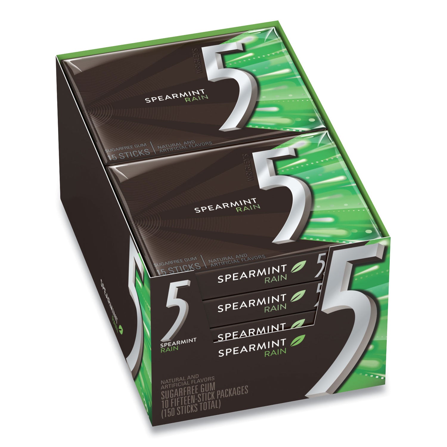 5 Gum, Spearmint Rain, 15 Sticks/Pack, 10 Packs/Box