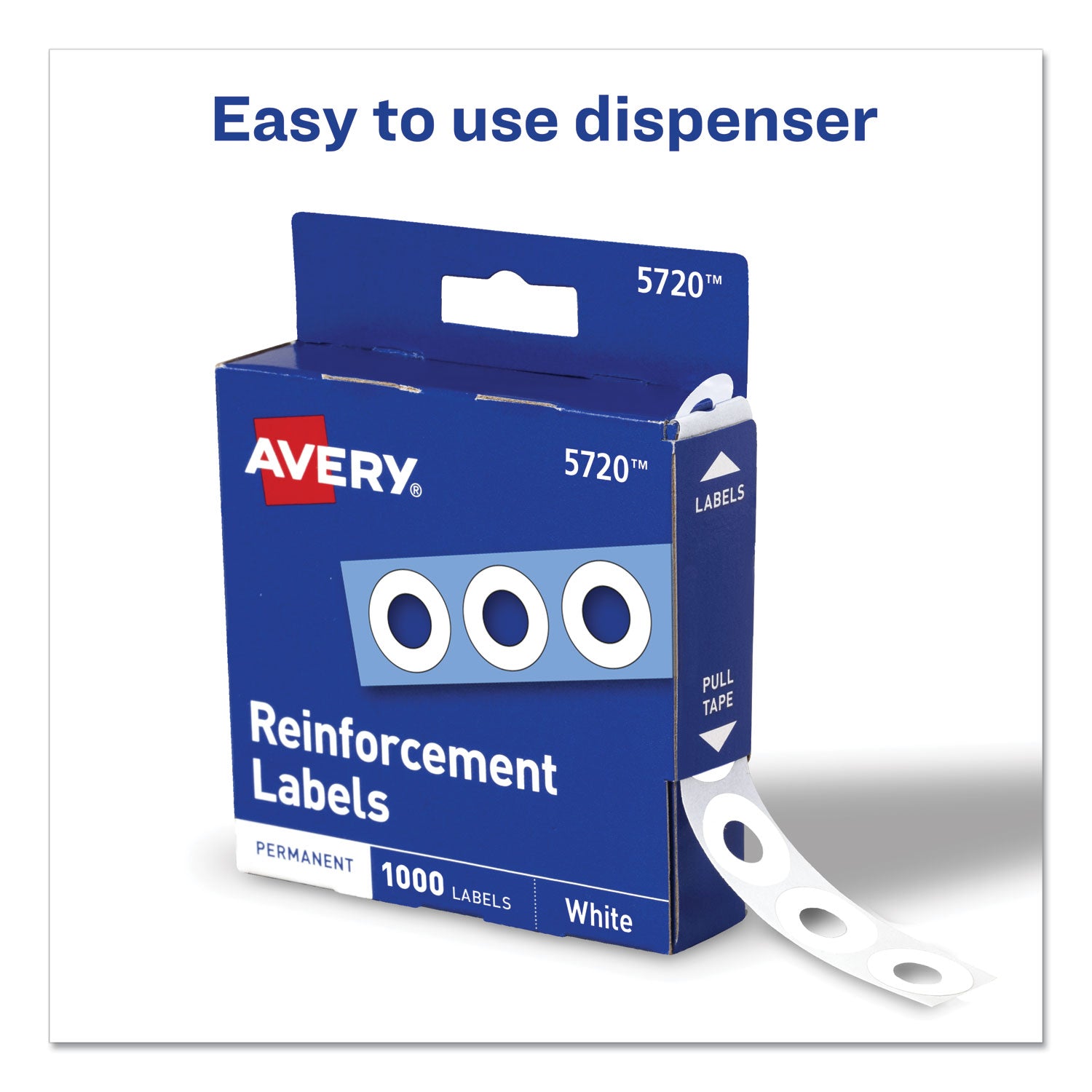 Avery® Dispenser Pack Hole Reinforcements, 0.25" Dia, White, 1,000/Pack, (5720)