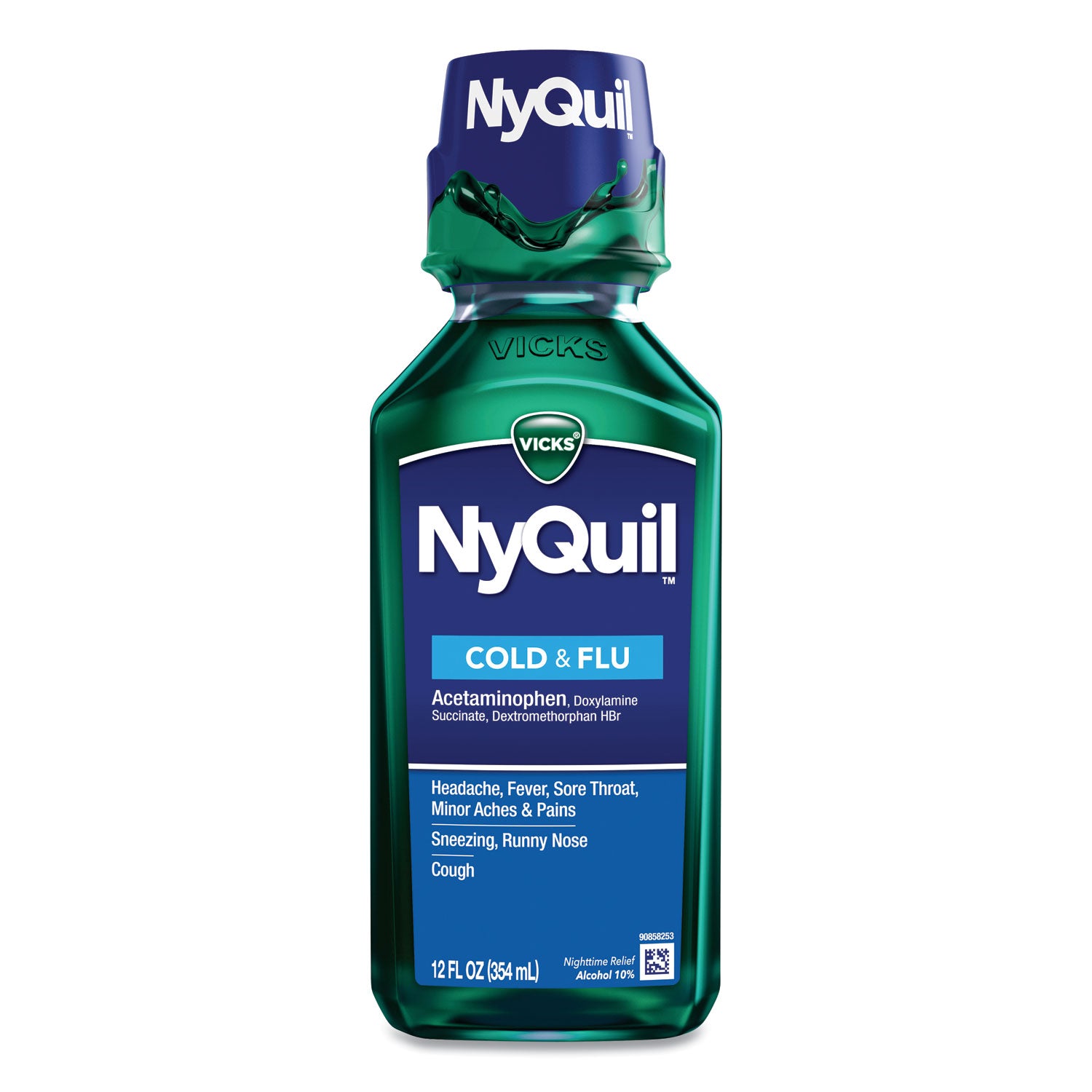 NyQuil Cold and Flu Nighttime Liquid, 12 oz Bottle, 12/Carton