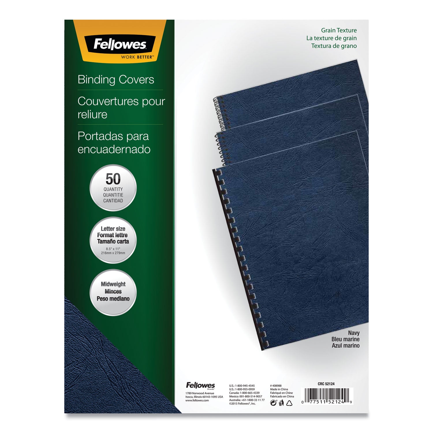 Classic Grain Texture Binding System Covers, 11 x 8.5, Navy, 50/Pack