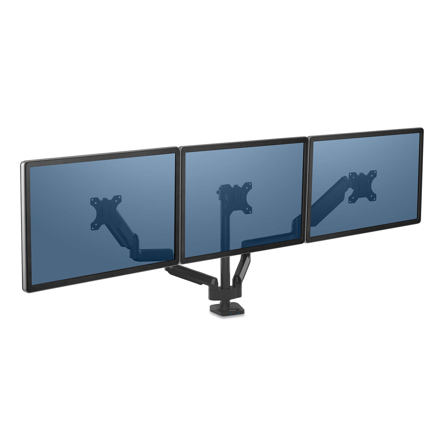 Fellowes® Platinum Series Triple Monitor Arm for 27" Monitors, 360 deg Rotation, +85/-20 deg Tilt, 360 deg Pan, Black, Supports 20 lb