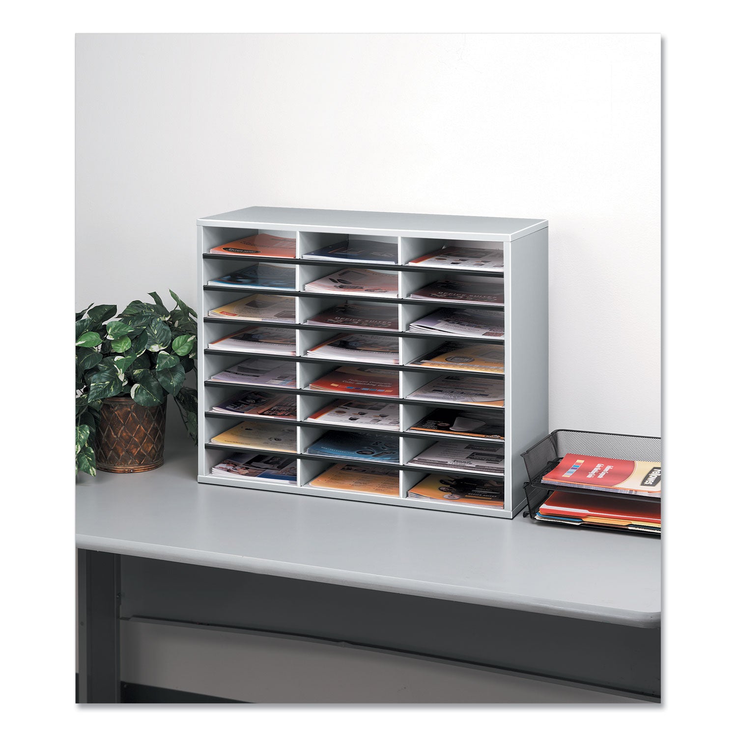 Fellowes® Literature Organizer, 24 Letter Compartments, 29 x 11.88 x 23.44, Dove Gray