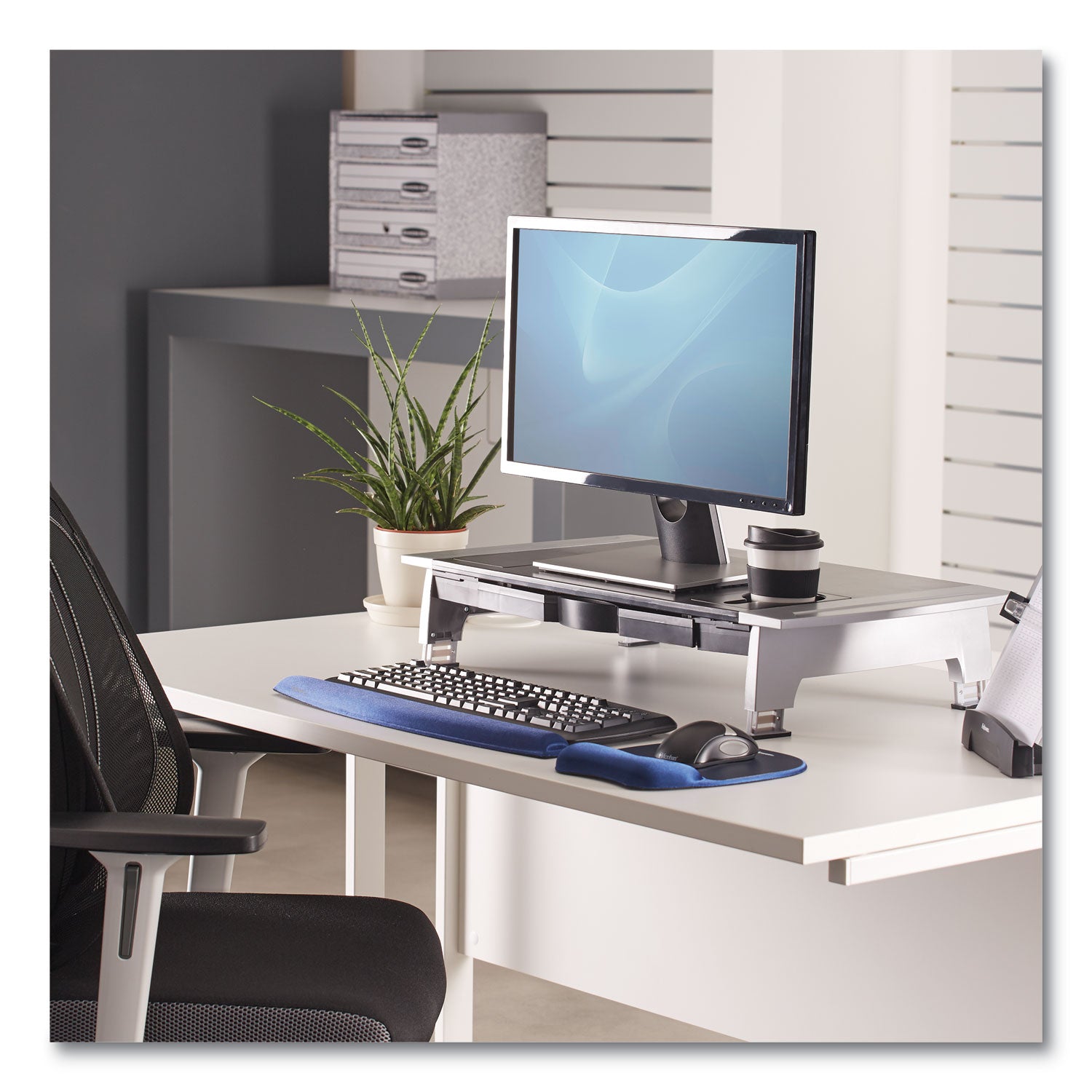 Fellowes® Office Suites Premium Monitor Riser, 27" x 14" x 4" to 6.5", Black/Silver