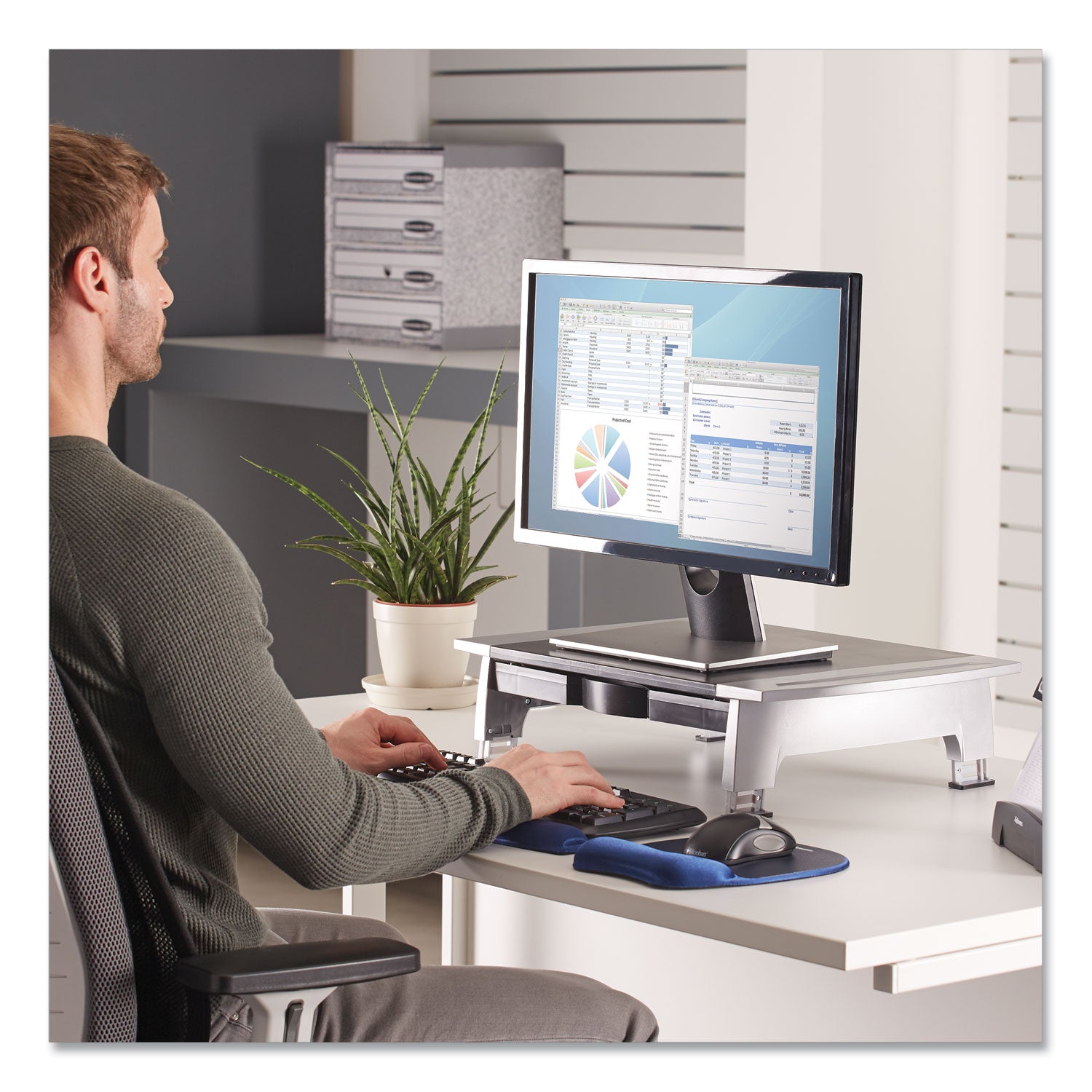 Fellowes® Office Suites Standard Monitor Riser, For 21" Monitors, 19.78" x 14.06" x 4" to 6.5", Black/Silver, Supports 80 lbs