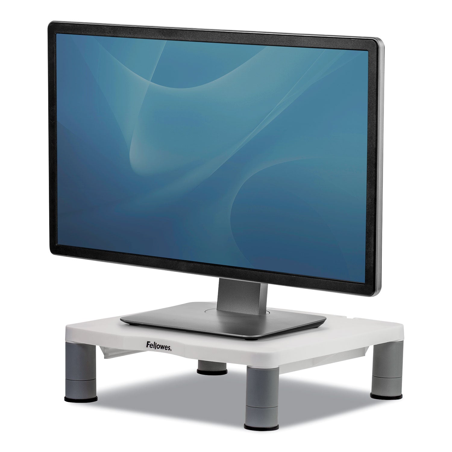 Fellowes® Standard Monitor Riser, For 21" Monitors, 13.38" x 13.63" x 2" to 4", Platinum/Graphite, Supports 60 lbs