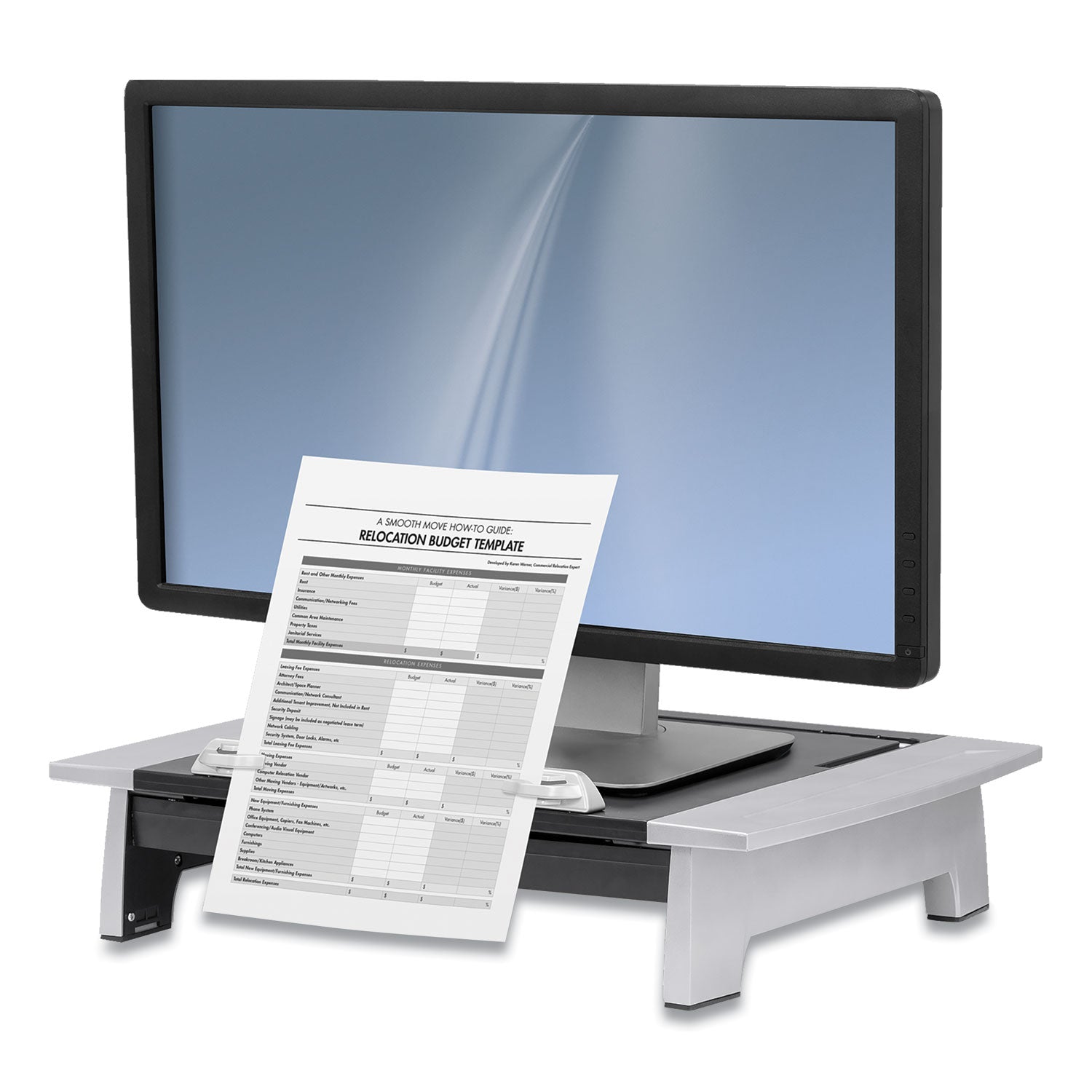 Fellowes® Office Suites Monitor Riser Plus, 19.88" x 14.06" x 4" to 6.5", Black/Silver, Supports 80 lbs