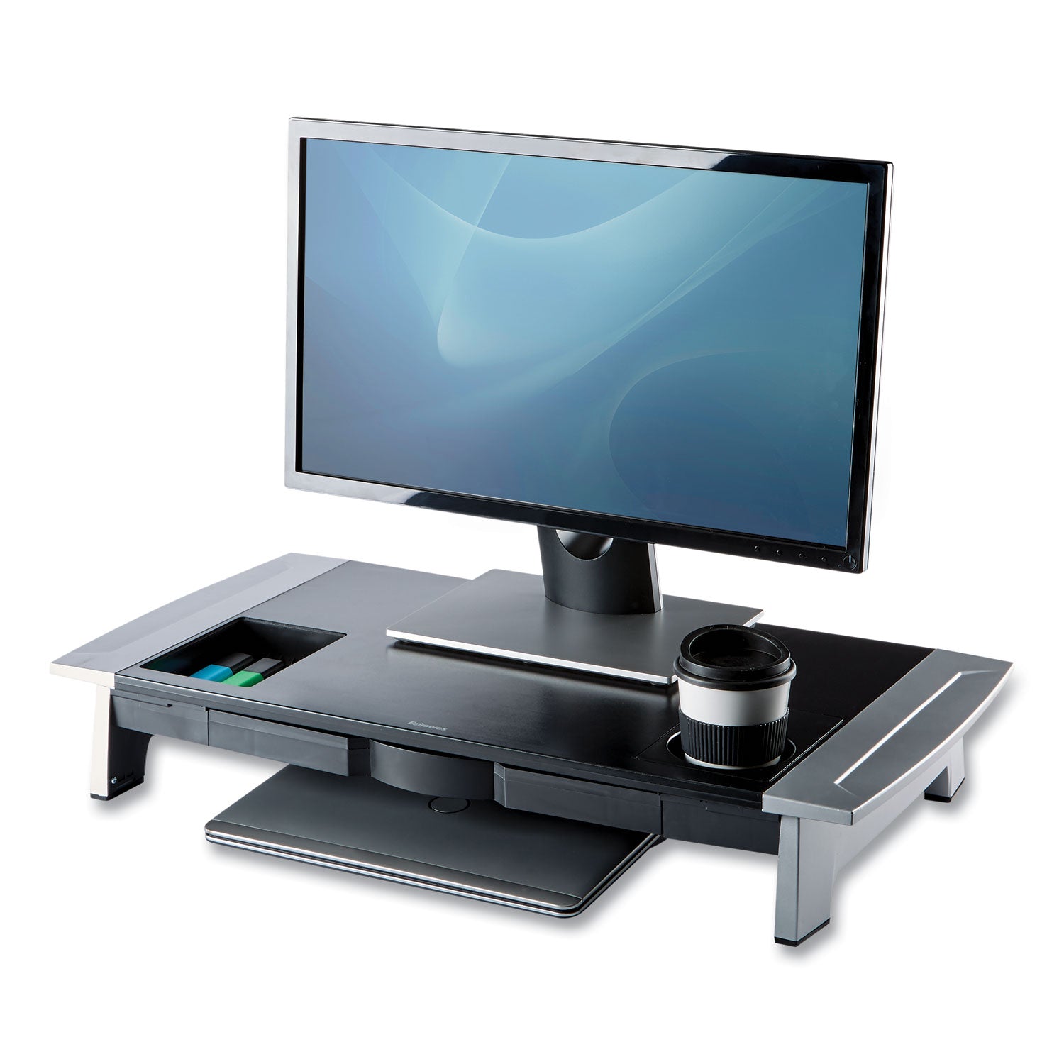 Fellowes® Office Suites Premium Monitor Riser, 27" x 14" x 4" to 6.5", Black/Silver