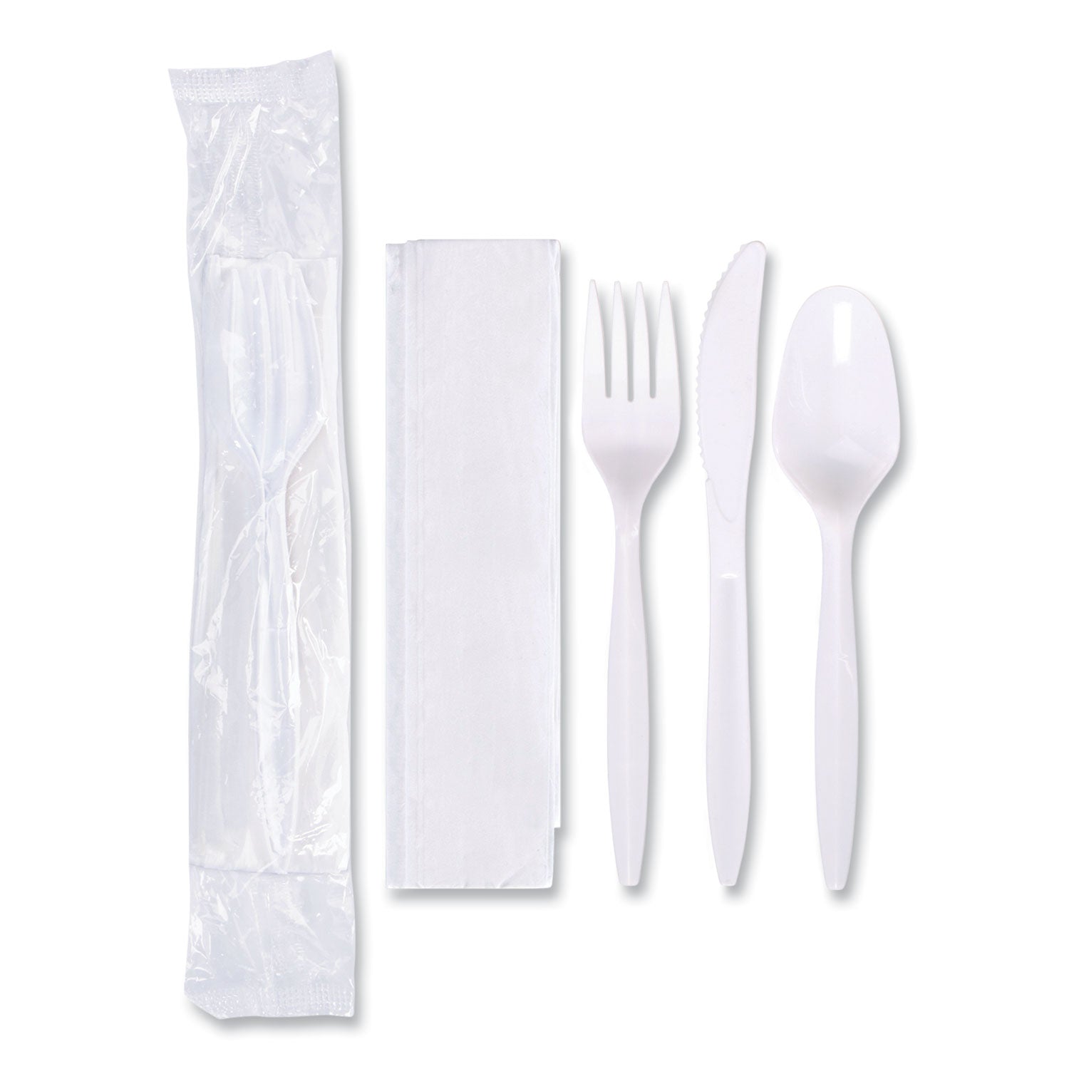 Economy Cutlery Kit, Fork/Knife/Spoon/Napkin, White, 250/Carton