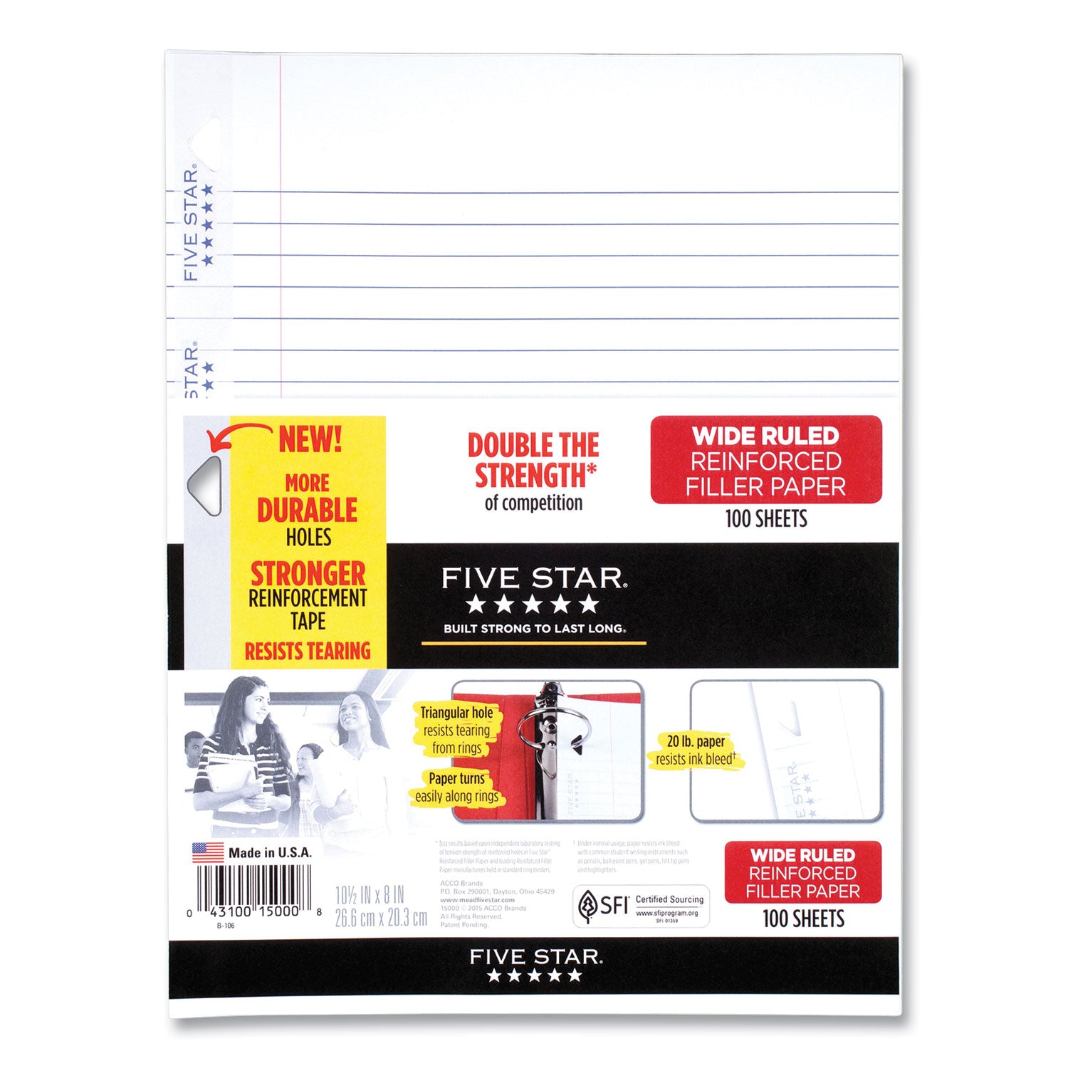 Reinforced Filler Paper, 3-Hole, 8 x 10.5, Wide/Legal Rule, 100/Pack