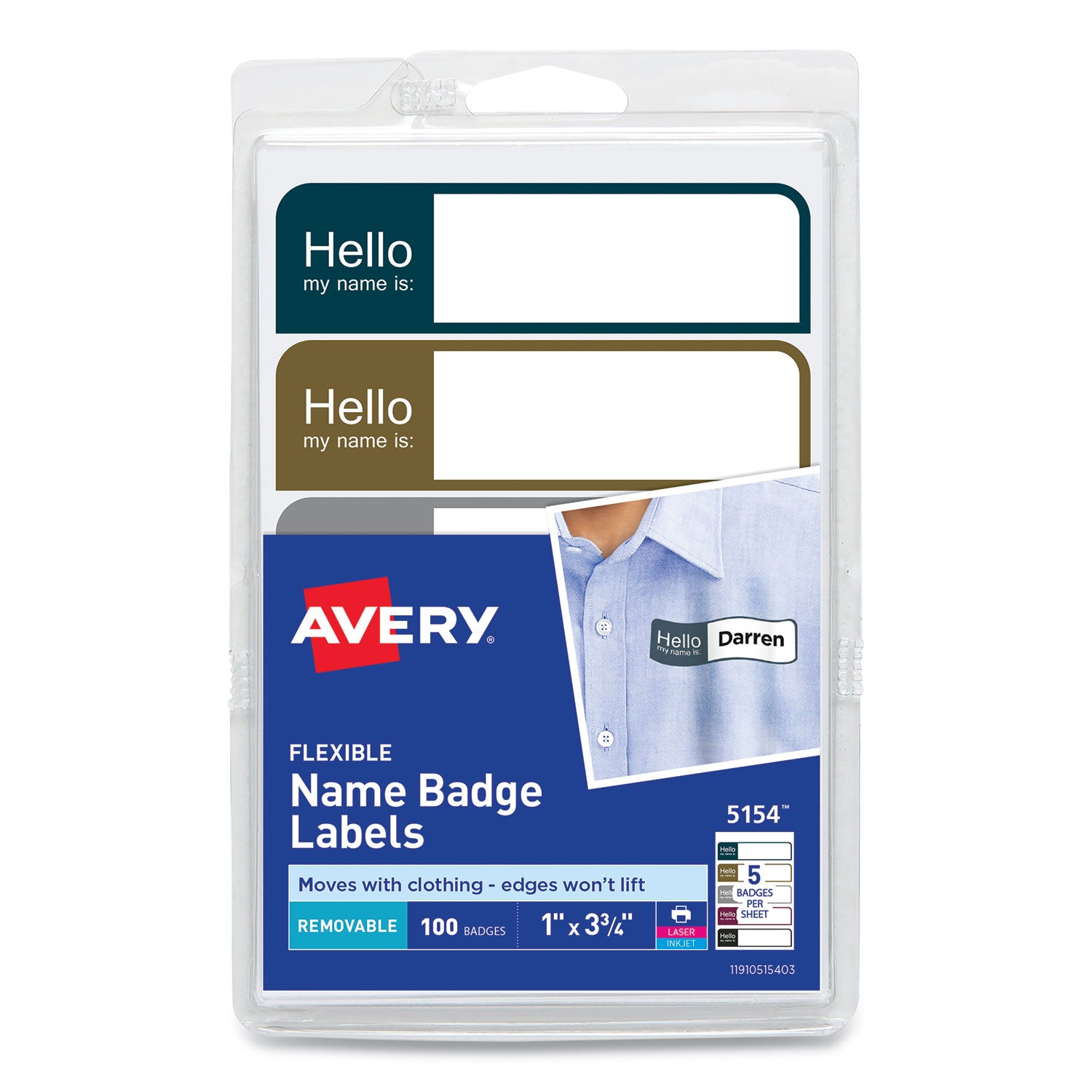 Flexible Self-Adhesive Mini Name Badge Labels, 1 x 3.75, Hello, Assorted, 100/Pack