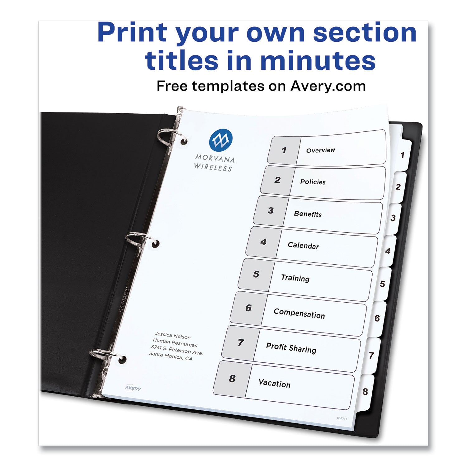 Avery® Customizable Table of Contents Ready Index Black and White Dividers, 8-Tab, 1 to 8, 11 x 8.5, White, 6 Sets