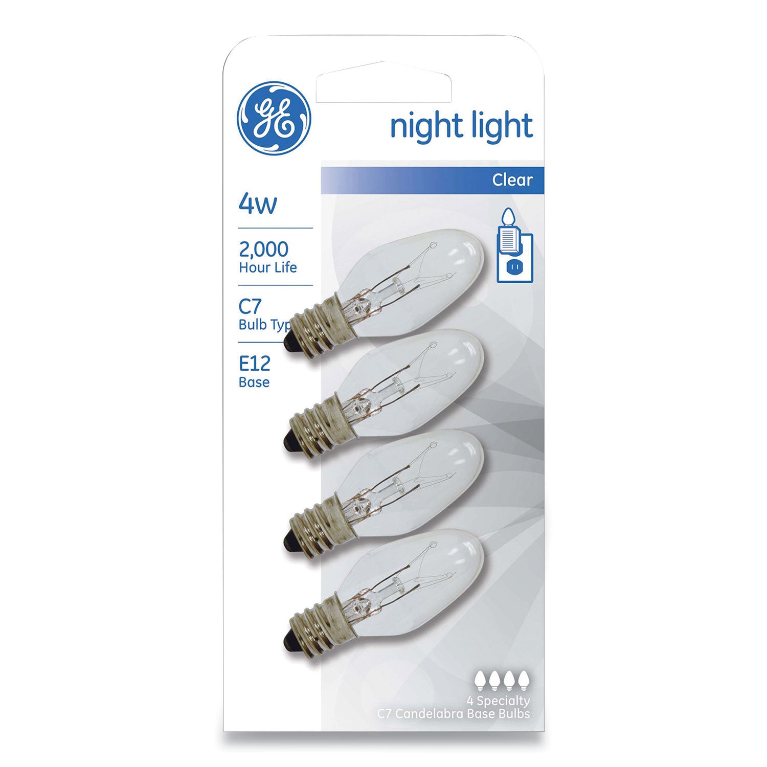 Incandescent C7 Night Light Bulb, 4 W, Clear, 4/Pack