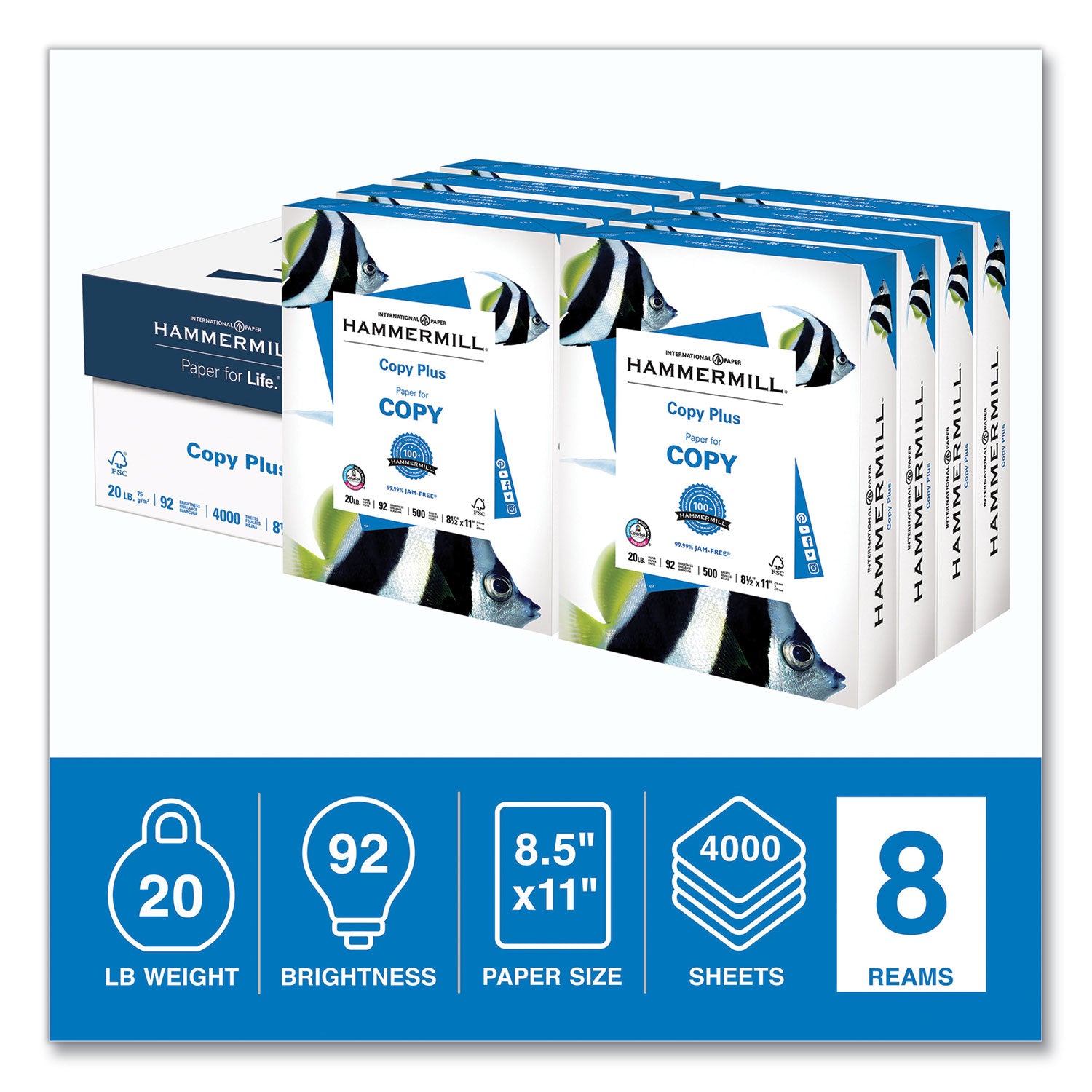 Hammermill® Copy Plus Print Paper, 92 Bright, 20 lb Bond Weight, 8.5 x 11, White, 500 Sheets/Ream, 8 Reams/Carton