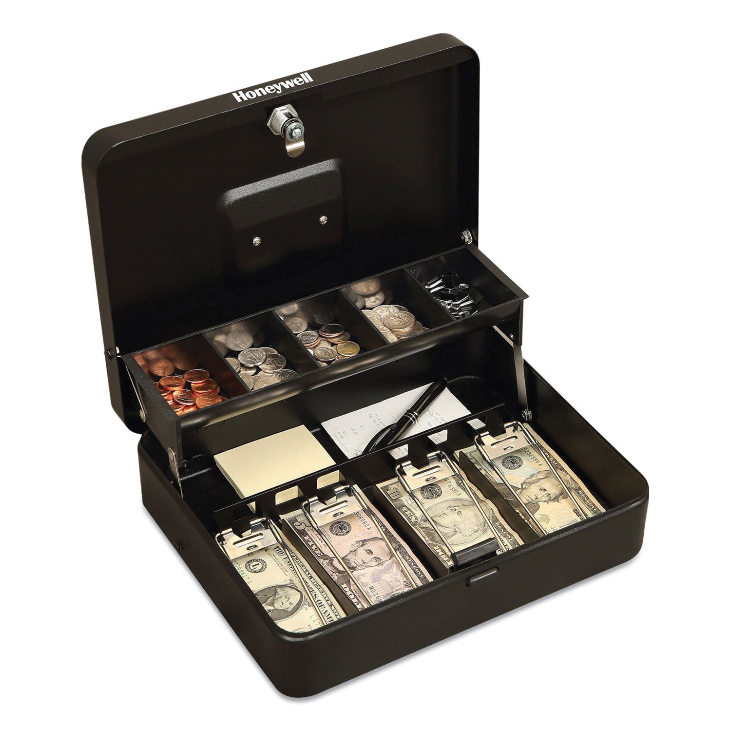 Tiered CantiDoor Lever Cash Box, 4 Bill, 5 Coin Slots, Key Lock, 11.9 x 9.7 x 3.5, Steel, Black