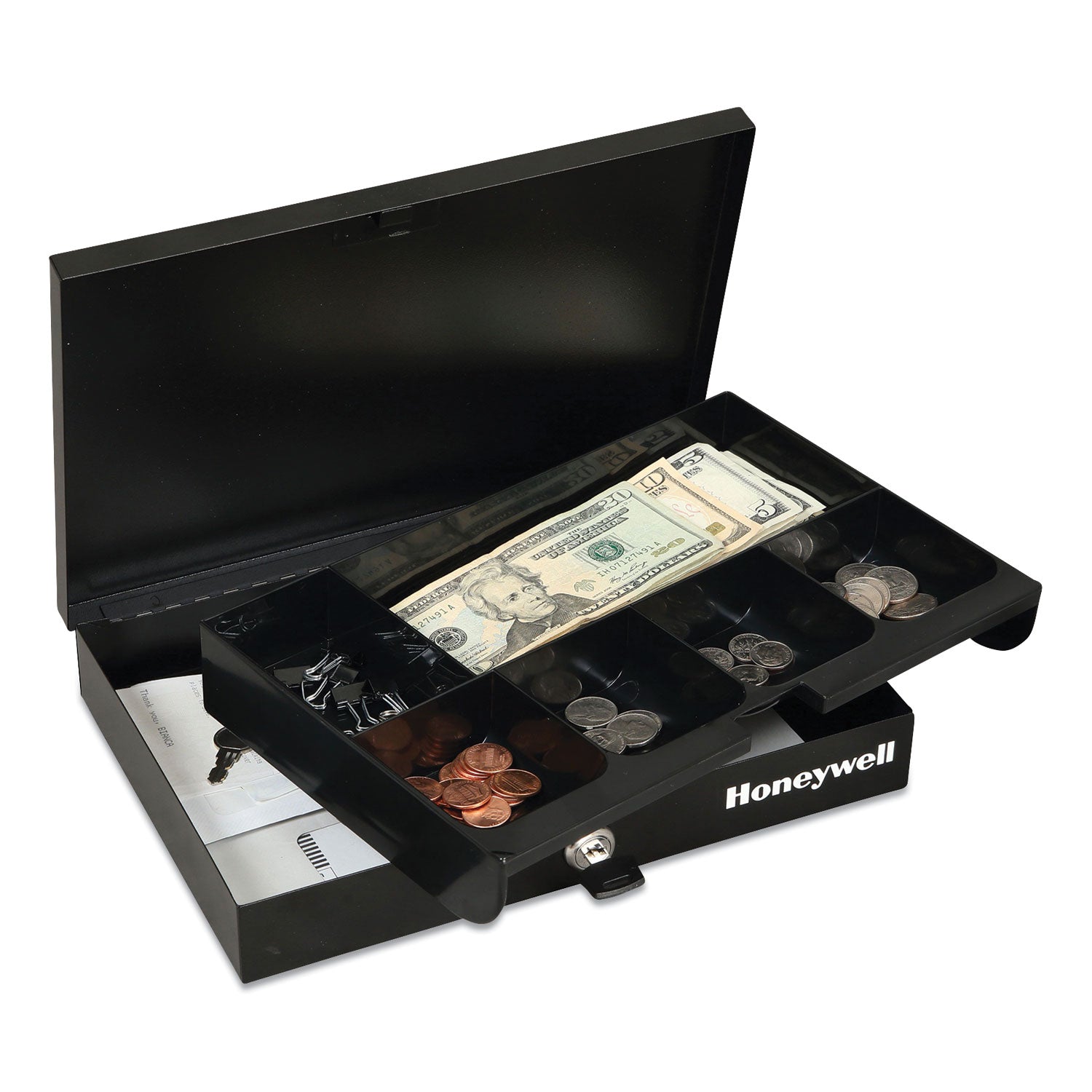 Low Profile Cash Box,1 Bill, 5 Coin Slots, Key Lock, 11.6 x 8 x 1.9, Steel, Black